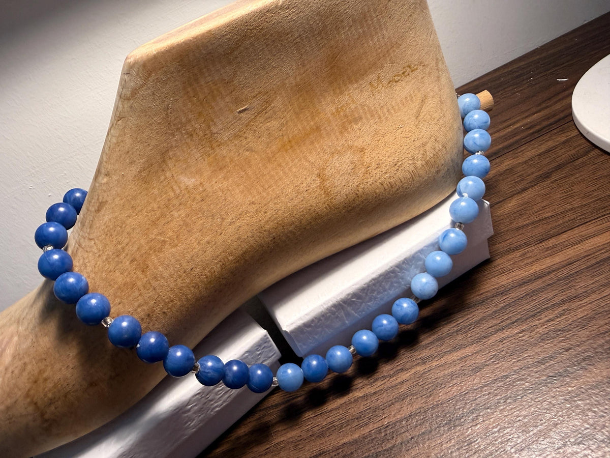 1950s Vintage Blue Marbled plastic Bead Necklace – Cornflower Blue Ombré Beads, Mid-Century Statement Jewellery