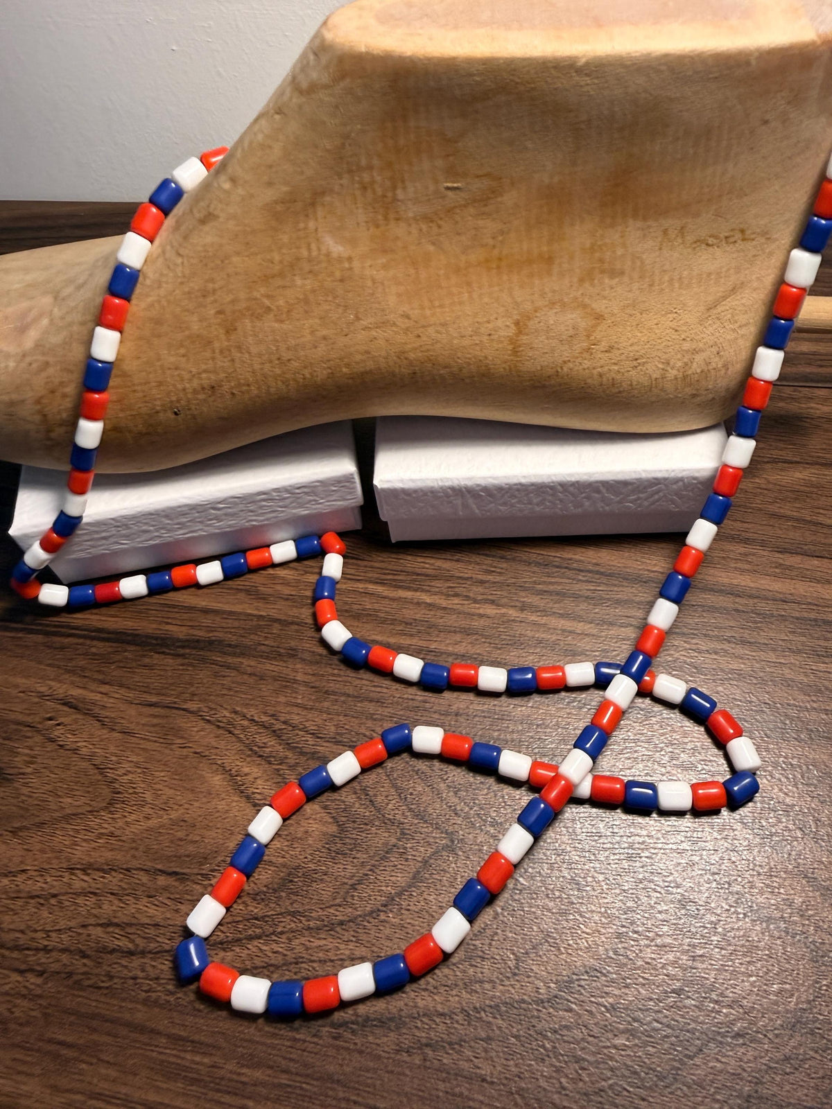 Vintage 1930s Red White and Blue Glass Bead Necklace – Extra Long Flapper Sautoir, Patriotic Czech Style Jewellery