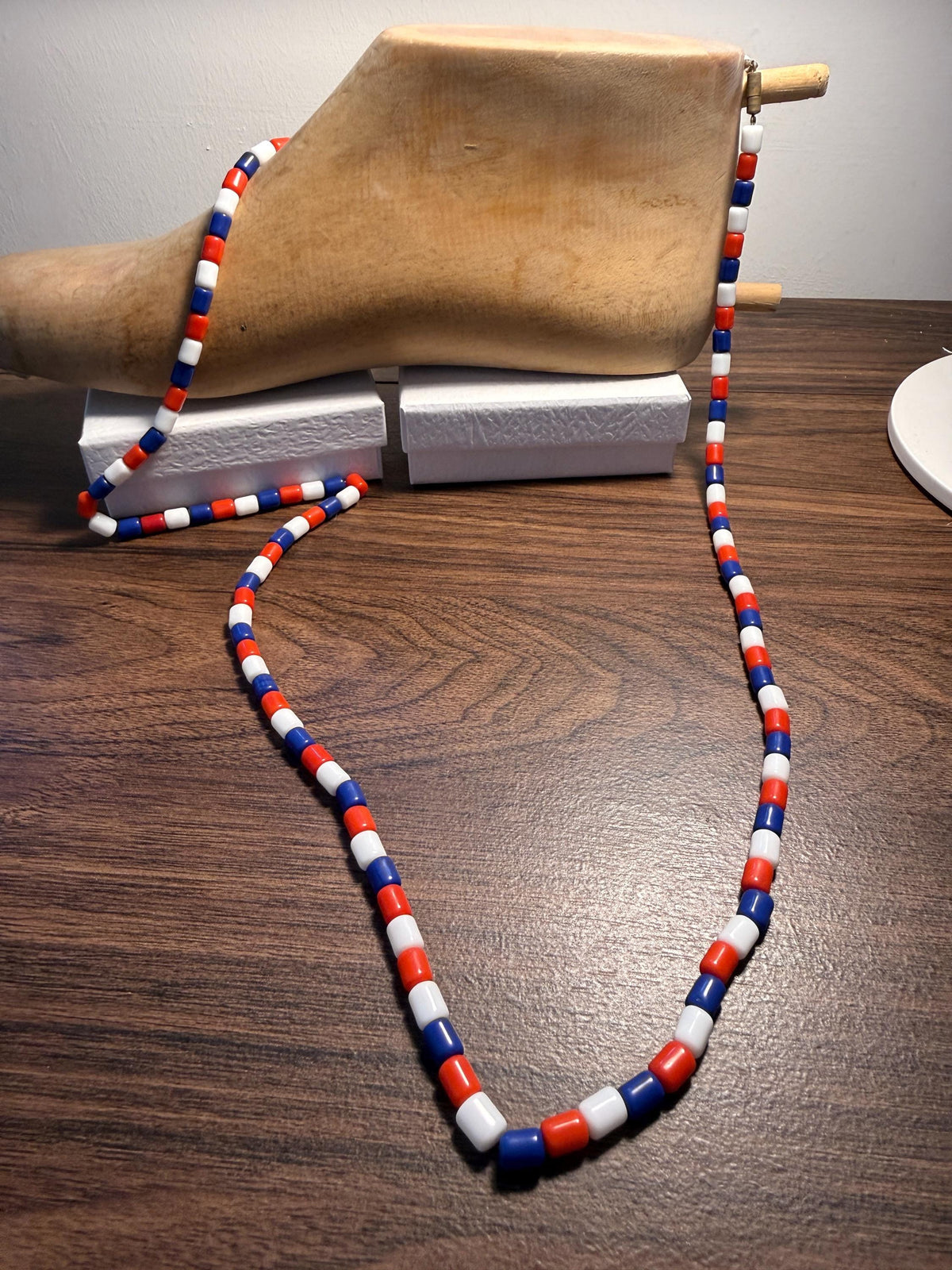 Vintage 1930s Red White and Blue Glass Bead Necklace – Extra Long Flapper Sautoir, Patriotic Czech Style Jewellery