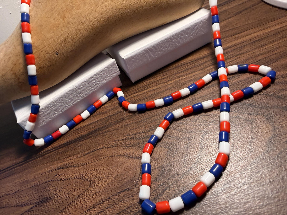 Vintage 1930s Red White and Blue Glass Bead Necklace – Extra Long Flapper Sautoir, Patriotic Czech Style Jewellery