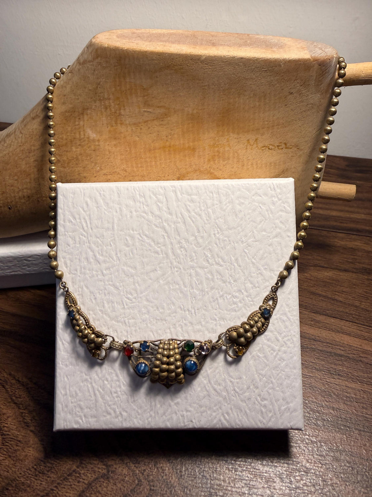 1920s Czech Style Brass Grape Necklace – Art Deco Multicoloured Glass Cabochons, Filigree Statement Jewellery