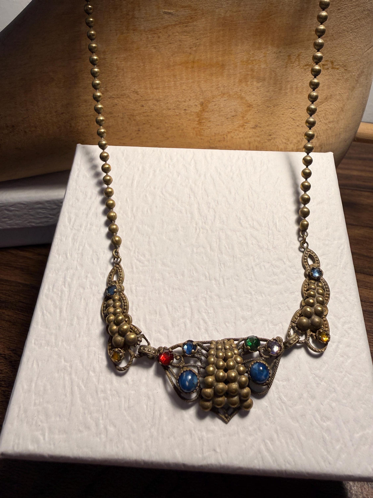 1920s Czech Style Brass Grape Necklace – Art Deco Multicoloured Glass Cabochons, Filigree Statement Jewellery