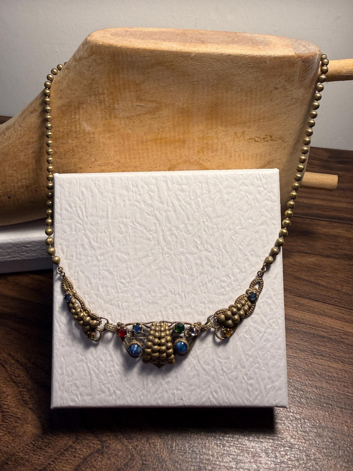 1920s Czech Style Brass Grape Necklace – Art Deco Multicoloured Glass Cabochons, Filigree Statement Jewellery