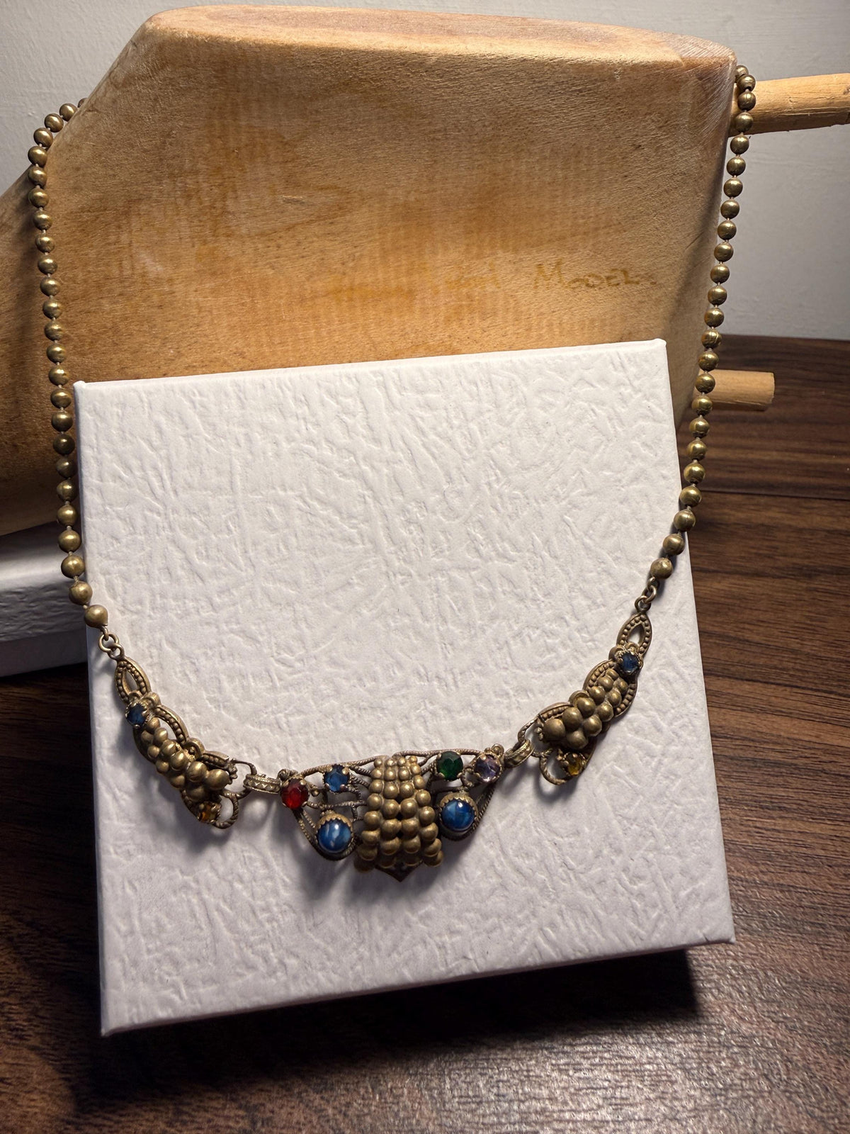 1920s Czech Style Brass Grape Necklace – Art Deco Multicoloured Glass Cabochons, Filigree Statement Jewellery
