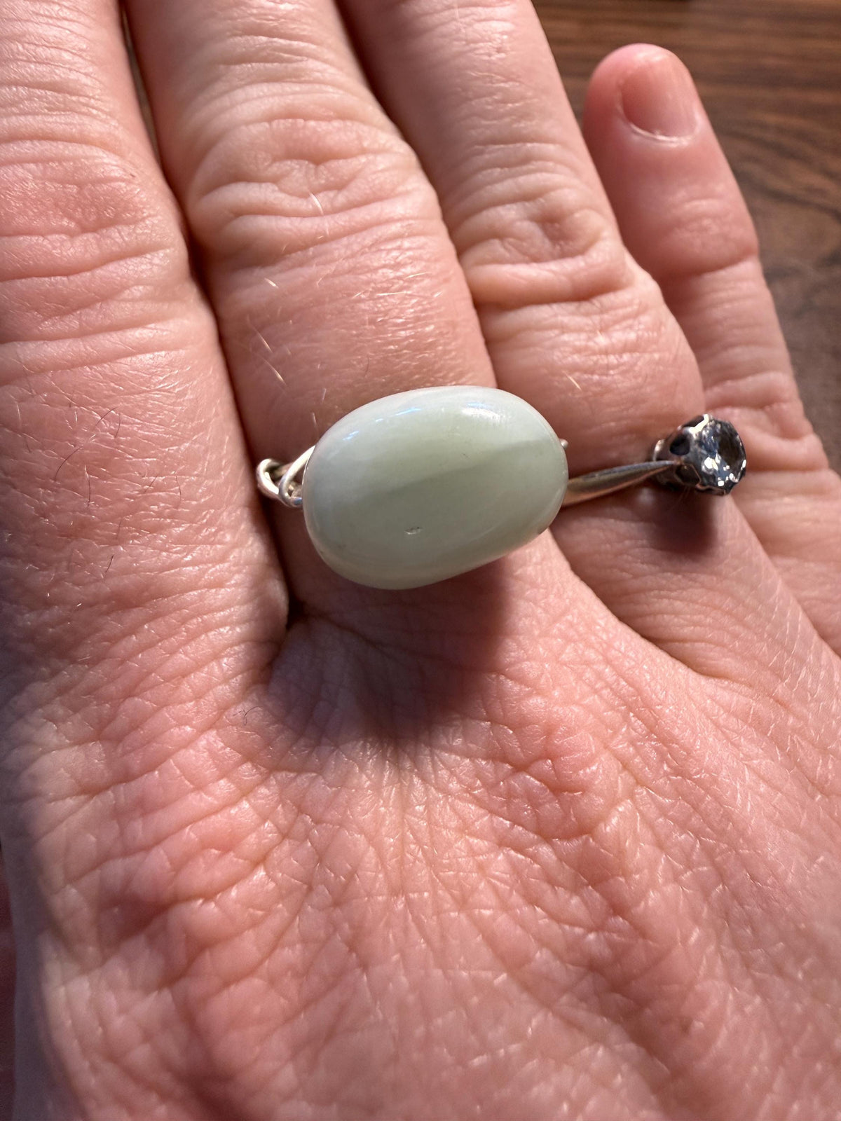 Vintage 1970s Pale Green Stone Necklace and Ring Set – Large Pendant, Silver Tone Links, Boho Statement Jewellery