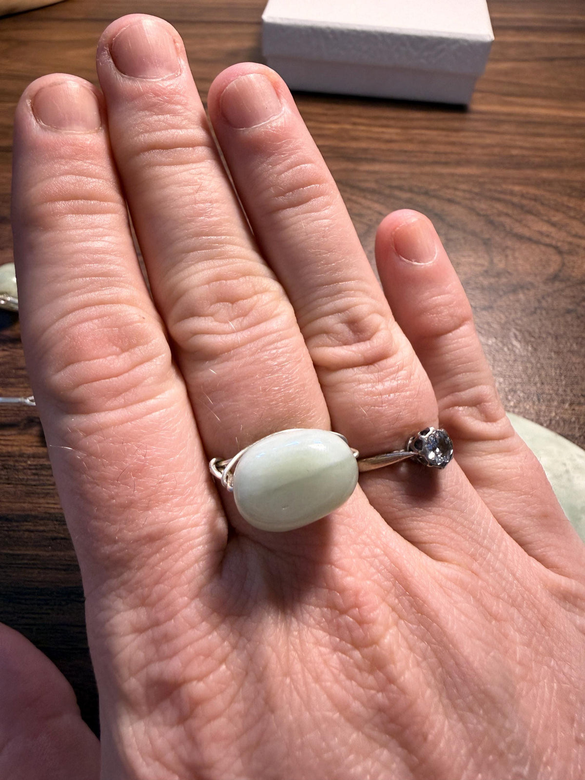 Vintage 1970s Pale Green Stone Necklace and Ring Set – Large Pendant, Silver Tone Links, Boho Statement Jewellery