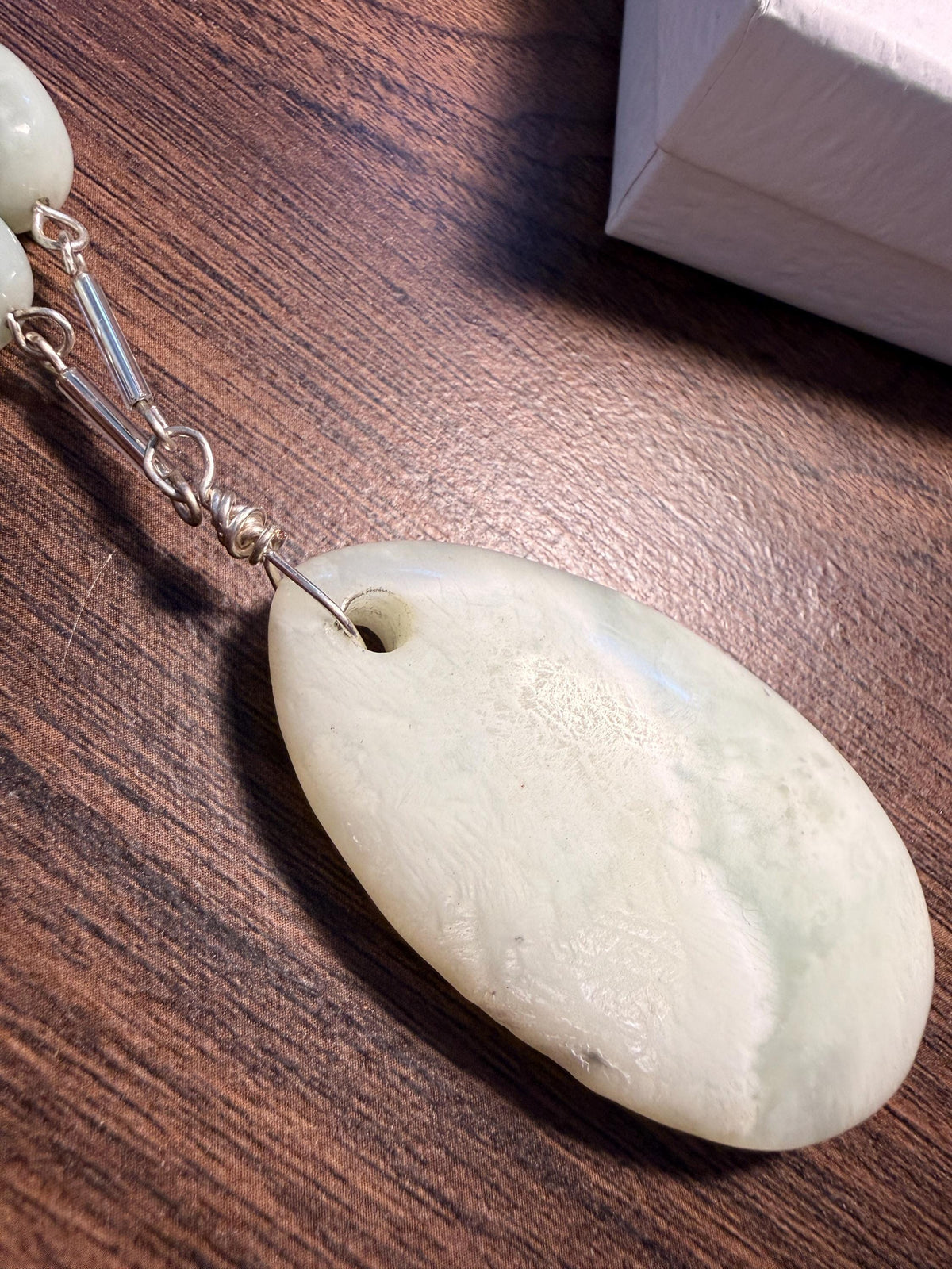 Vintage 1970s Pale Green Stone Necklace and Ring Set – Large Pendant, Silver Tone Links, Boho Statement Jewellery