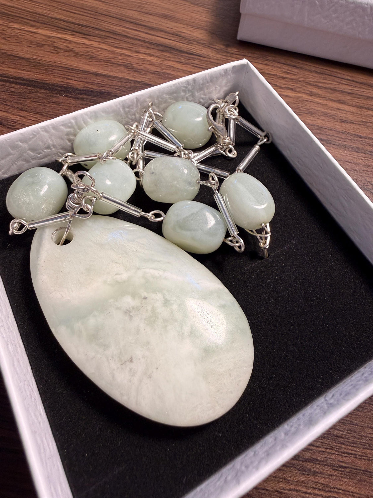 Vintage 1970s Pale Green Stone Necklace and Ring Set – Large Pendant, Silver Tone Links, Boho Statement Jewellery