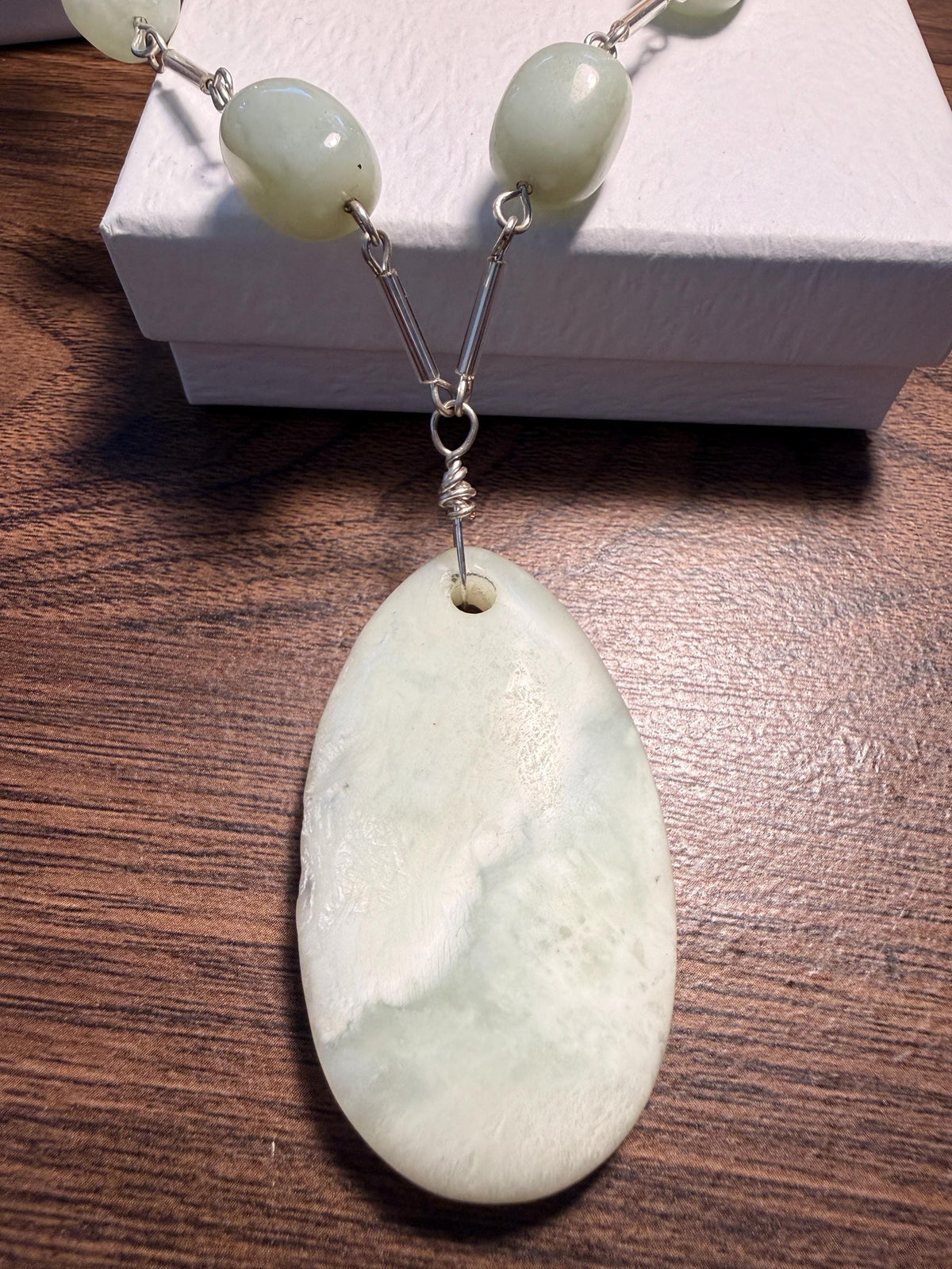 Vintage 1970s Pale Green Stone Necklace and Ring Set – Large Pendant, Silver Tone Links, Boho Statement Jewellery