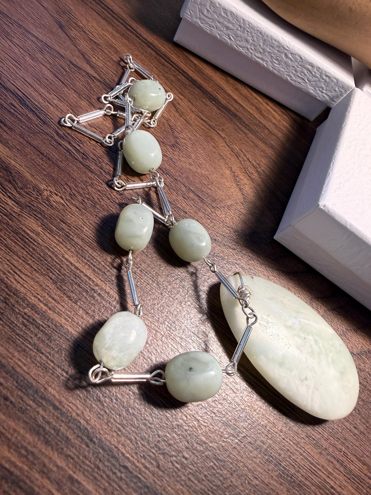 Vintage 1970s Pale Green Stone Necklace and Ring Set – Large Pendant, Silver Tone Links, Boho Statement Jewellery