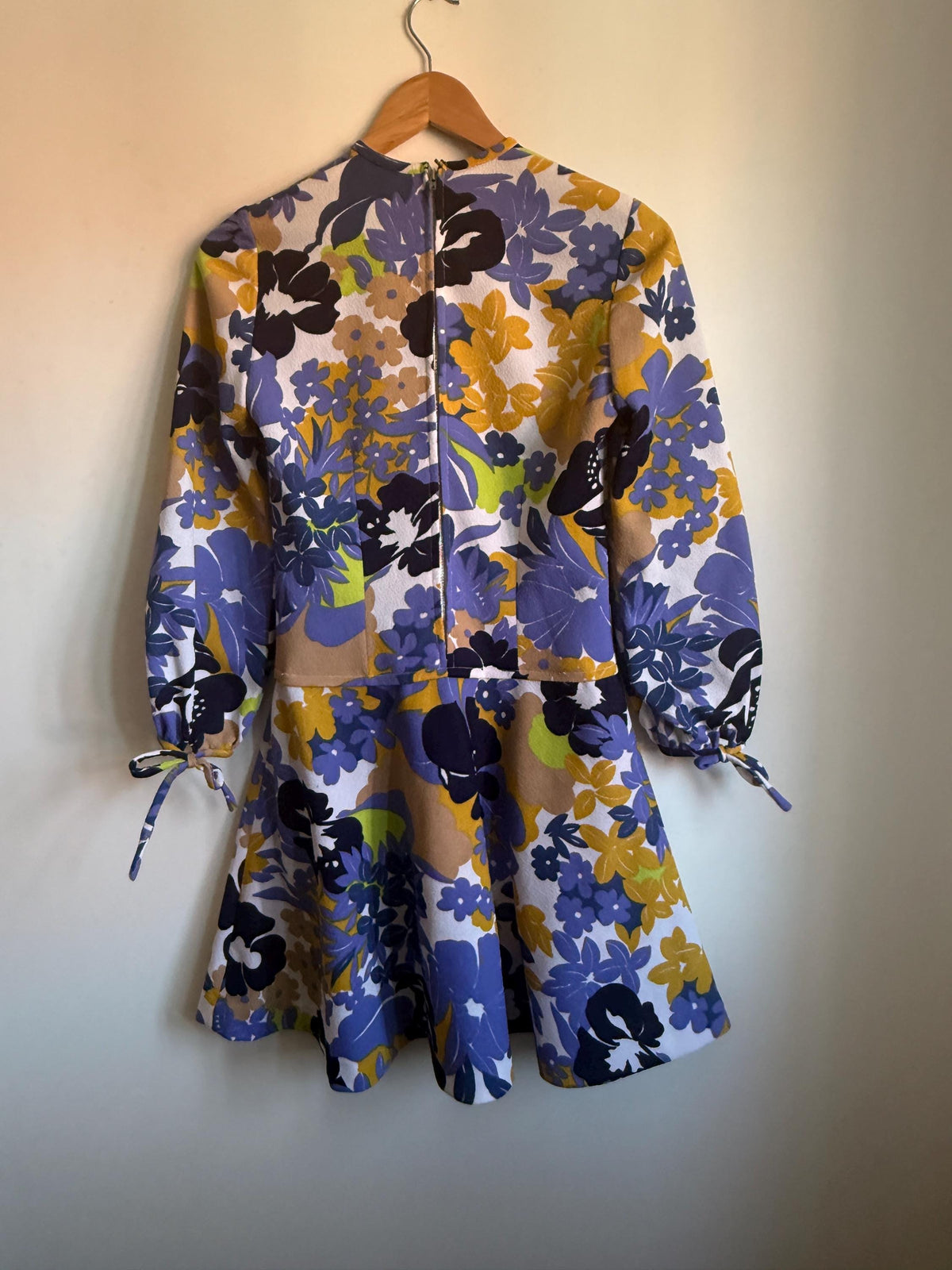 Vintage Floral Dress, Purple & Mustard Flower Power Print, Long Sleeves with Tie Cuffs, Overlay Bodice