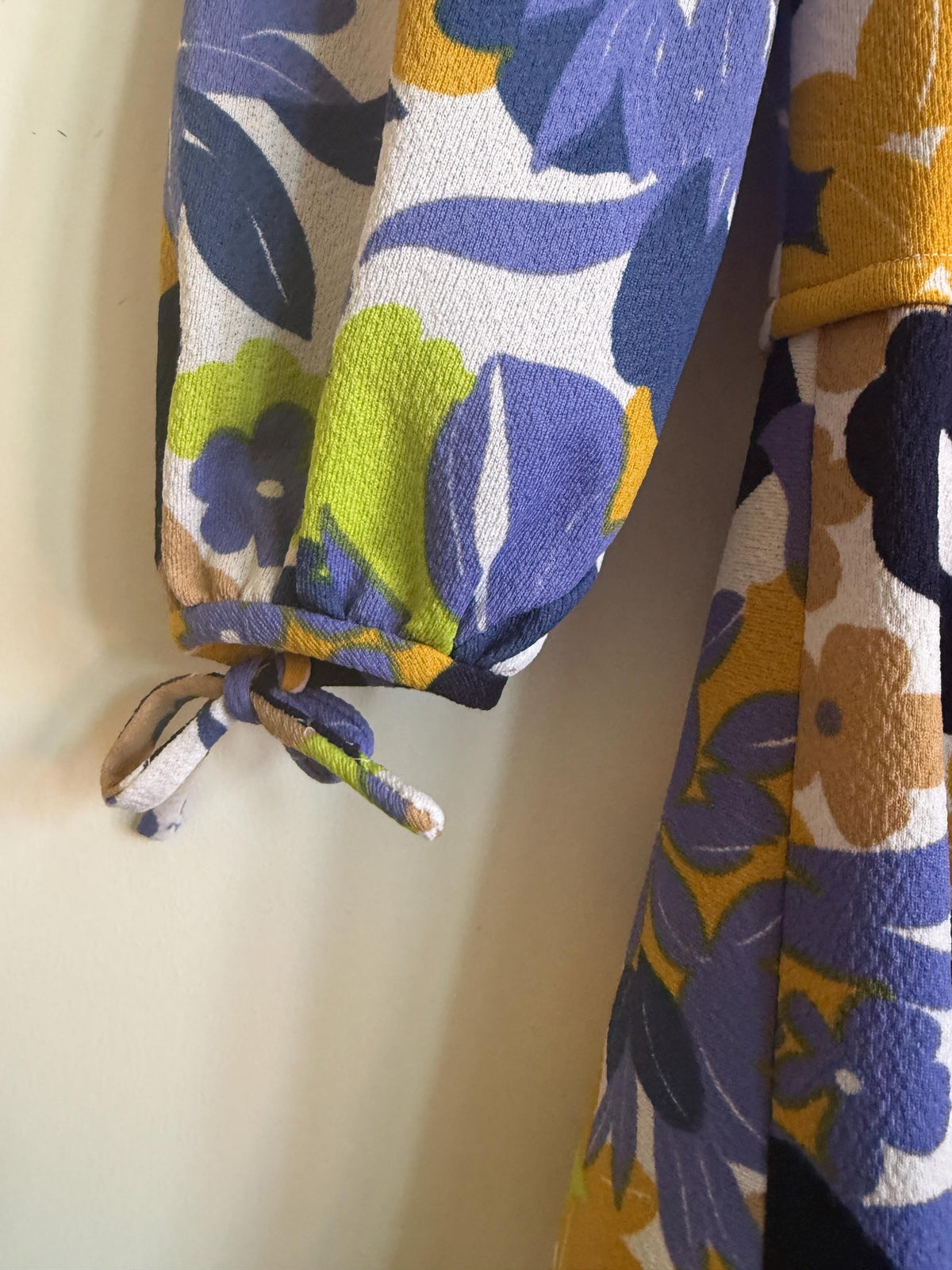 Vintage Floral Dress, Purple & Mustard Flower Power Print, Long Sleeves with Tie Cuffs, Overlay Bodice