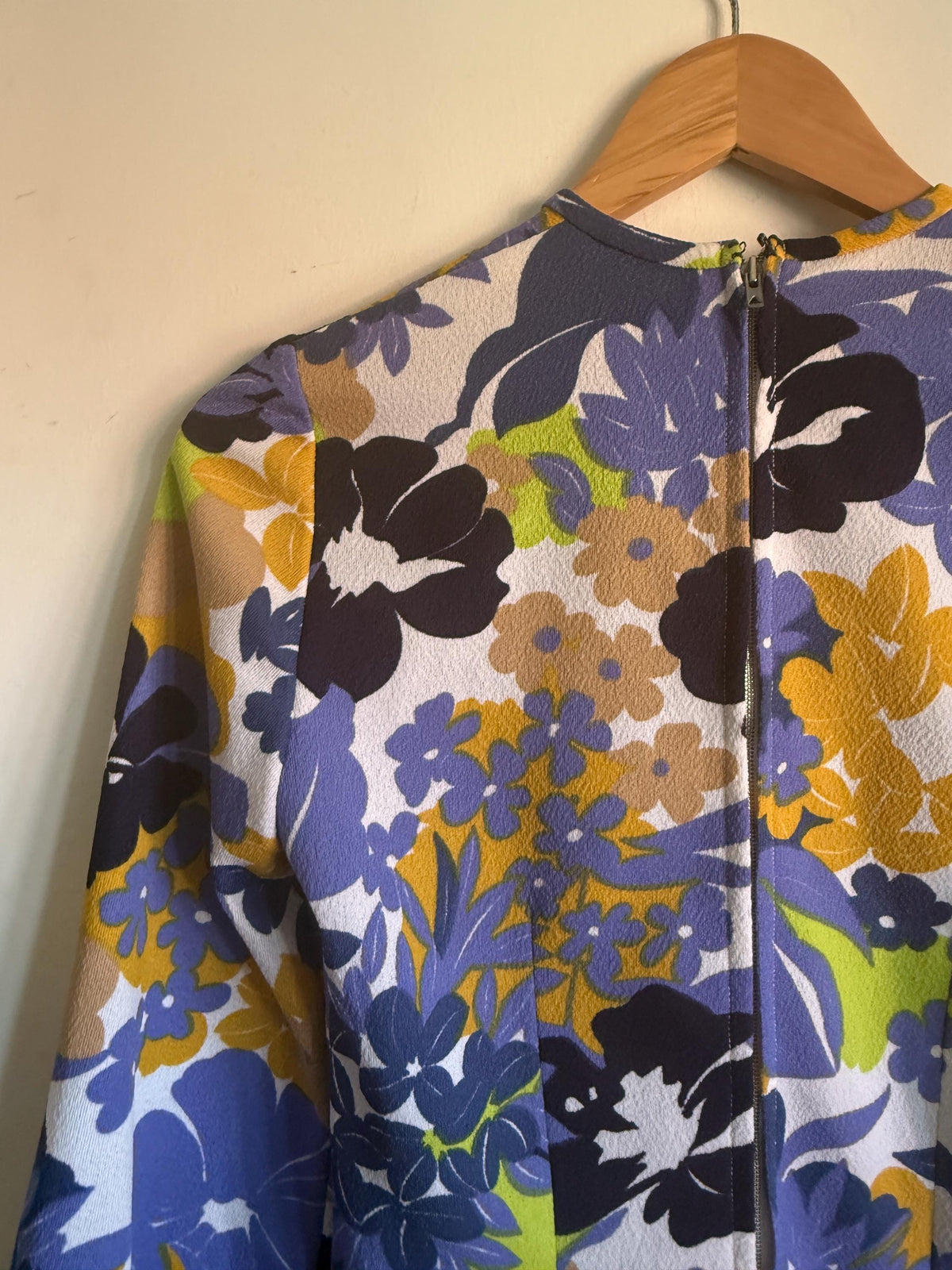 Vintage Floral Dress, Purple & Mustard Flower Power Print, Long Sleeves with Tie Cuffs, Overlay Bodice