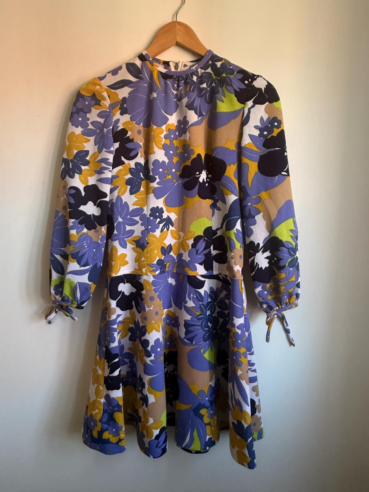 Vintage Floral Dress, Purple & Mustard Flower Power Print, Long Sleeves with Tie Cuffs, Overlay Bodice