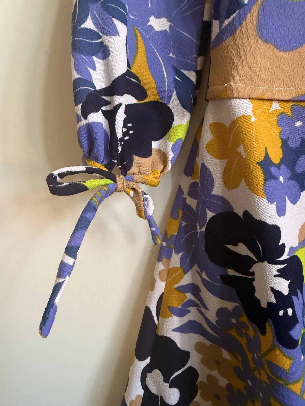 Vintage Floral Dress, Purple & Mustard Flower Power Print, Long Sleeves with Tie Cuffs, Overlay Bodice