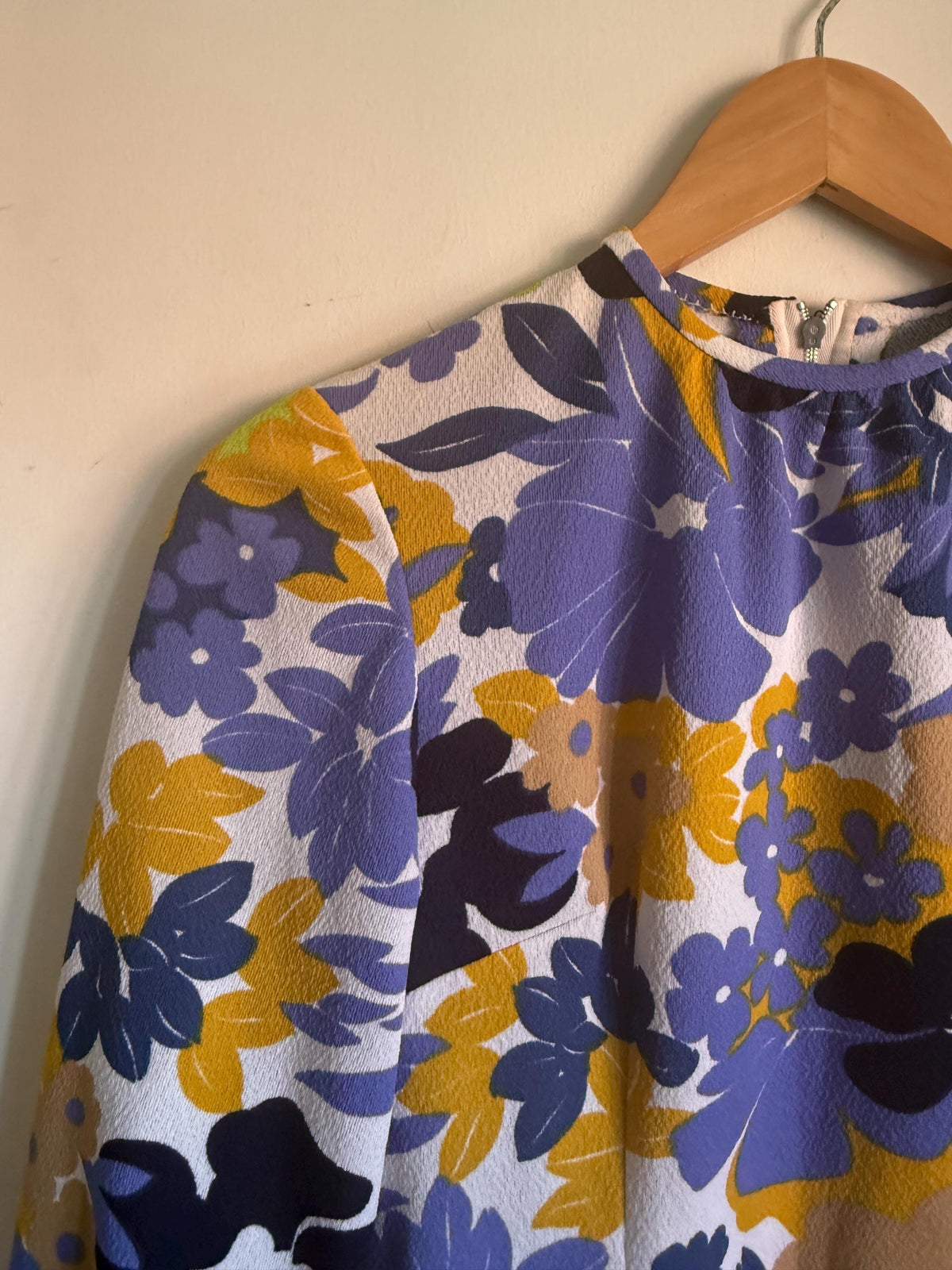 Vintage Floral Dress, Purple & Mustard Flower Power Print, Long Sleeves with Tie Cuffs, Overlay Bodice