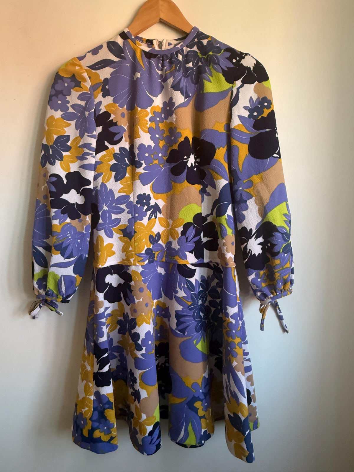 Vintage Floral Dress, Purple & Mustard Flower Power Print, Long Sleeves with Tie Cuffs, Overlay Bodice
