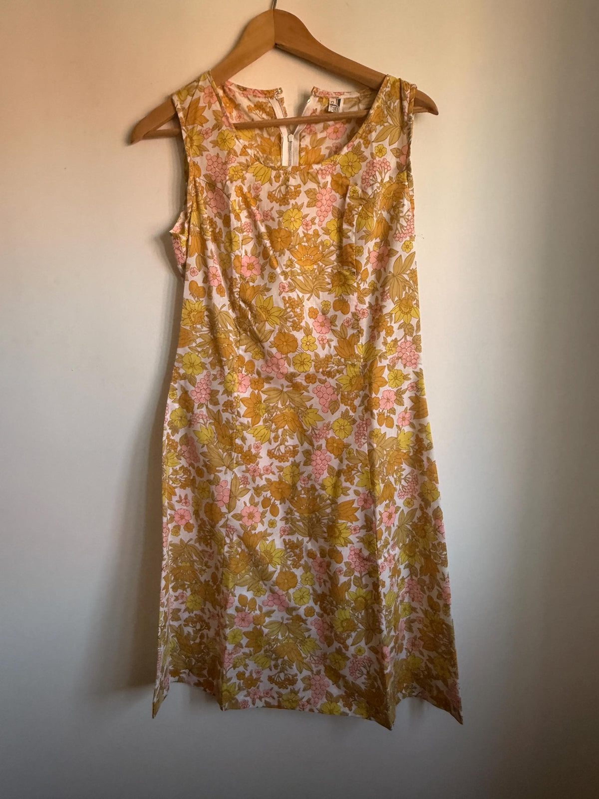 Vintage Floral Shift Dress, Yellow Pink & Orange Flower and Fruit Print, Sleeveless A-Line Summer Dress