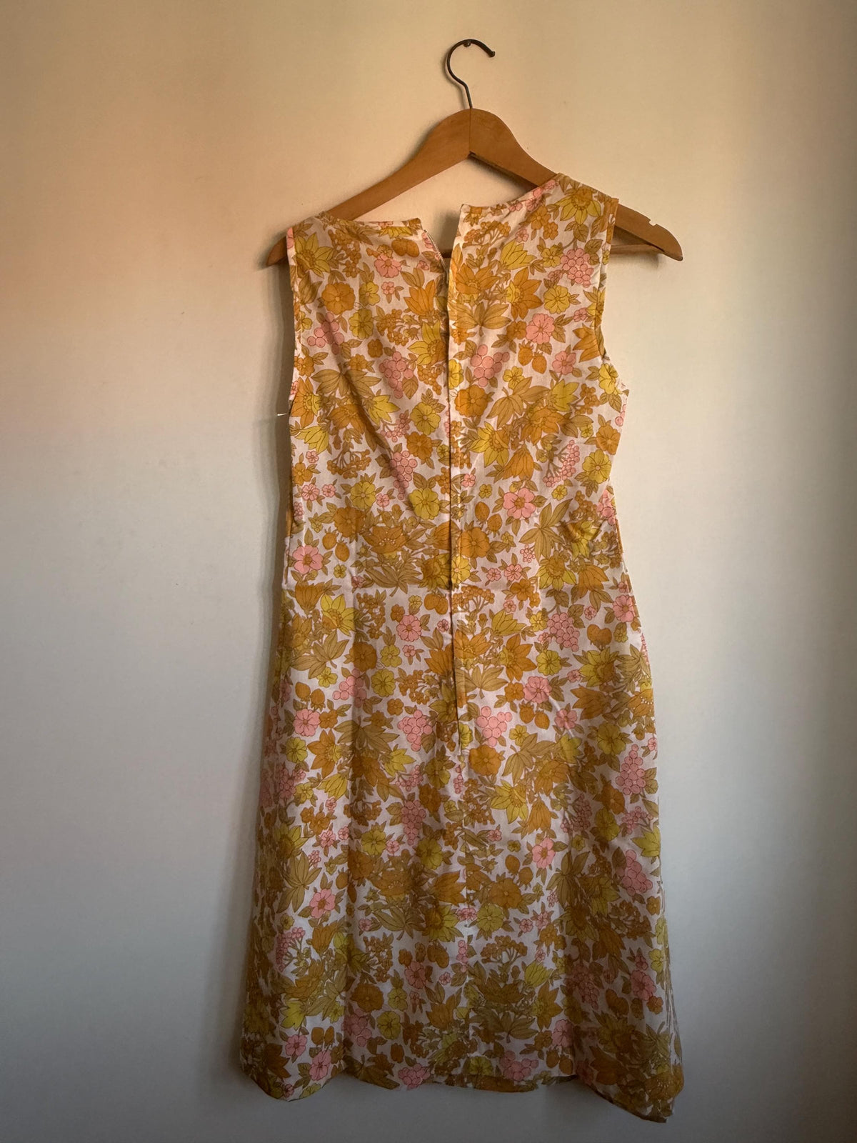 Vintage Floral Shift Dress, Yellow Pink & Orange Flower and Fruit Print, Sleeveless A-Line Summer Dress