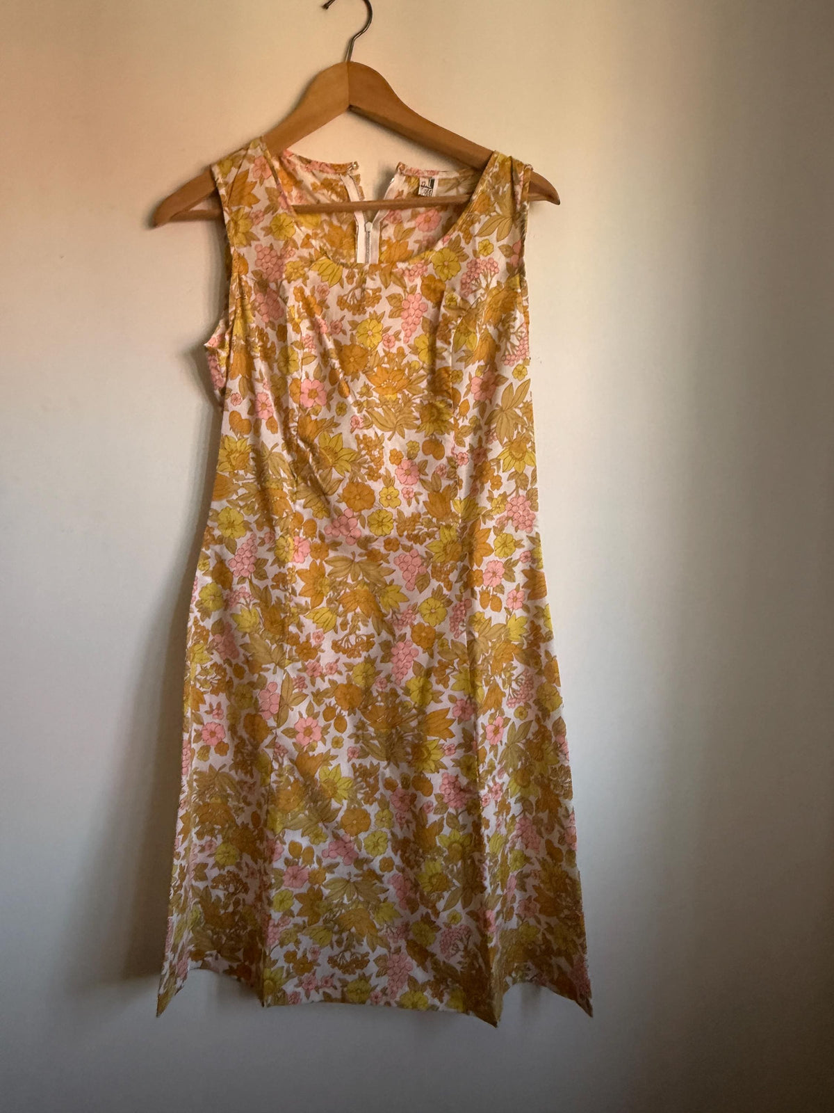 Vintage Floral Shift Dress, Yellow Pink & Orange Flower and Fruit Print, Sleeveless A-Line Summer Dress