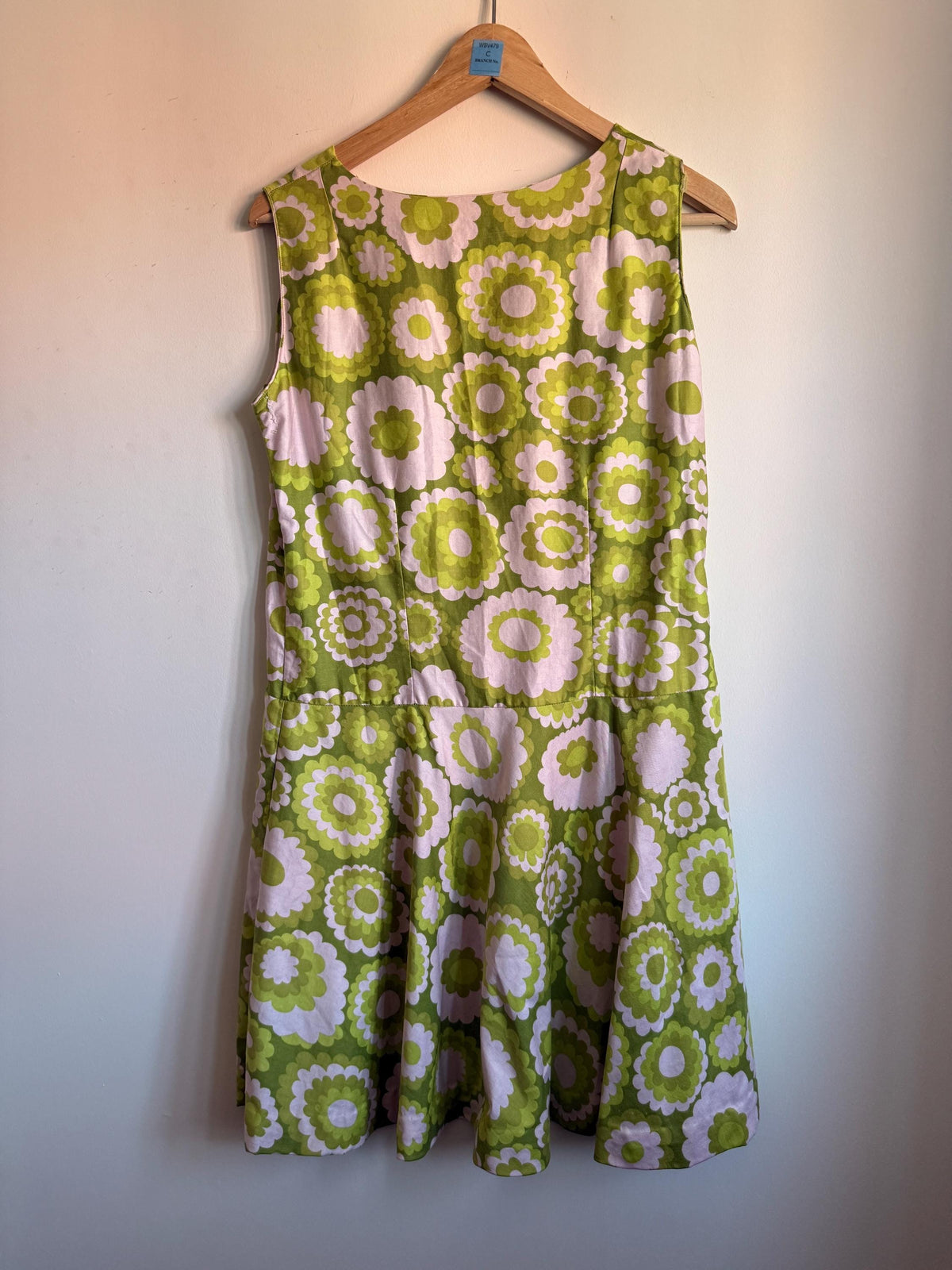 Vintage Finn Femina Green Floral Dress, Sleeveless V Neck Flower Power Dress, Made in Finland, Label Size 40