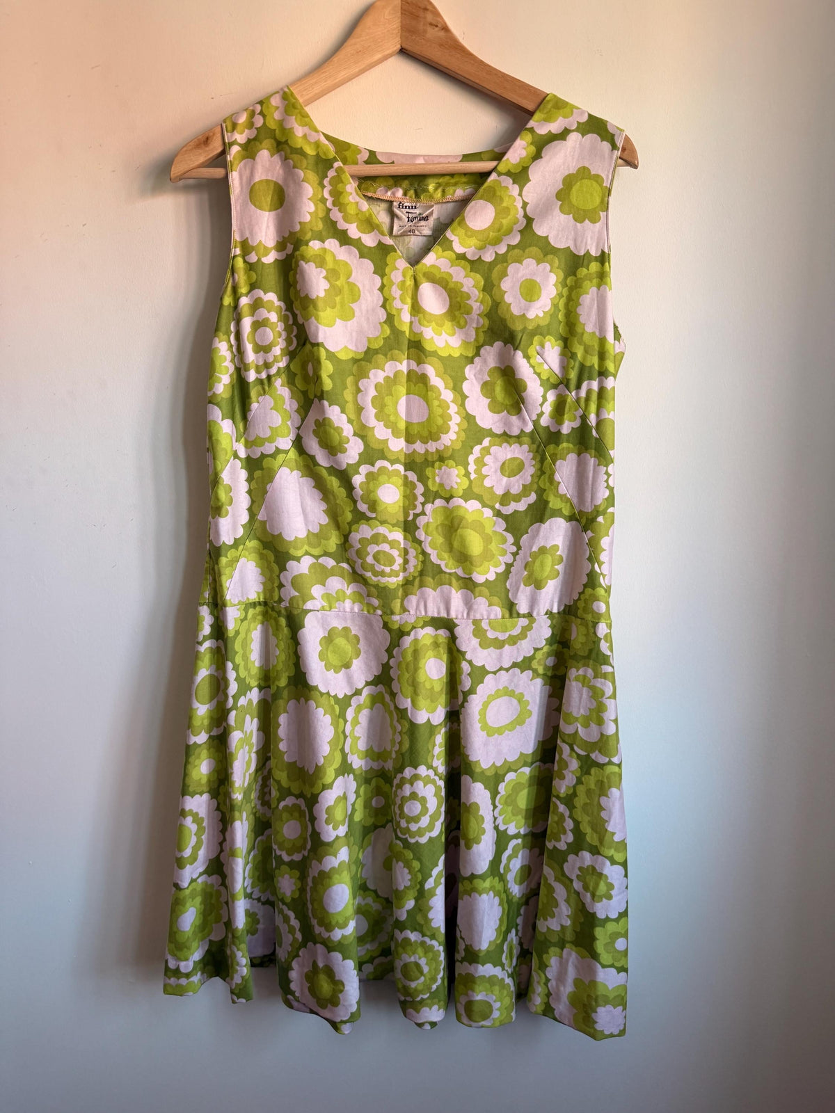 Vintage Finn Femina Green Floral Dress, Sleeveless V Neck Flower Power Dress, Made in Finland, Label Size 40