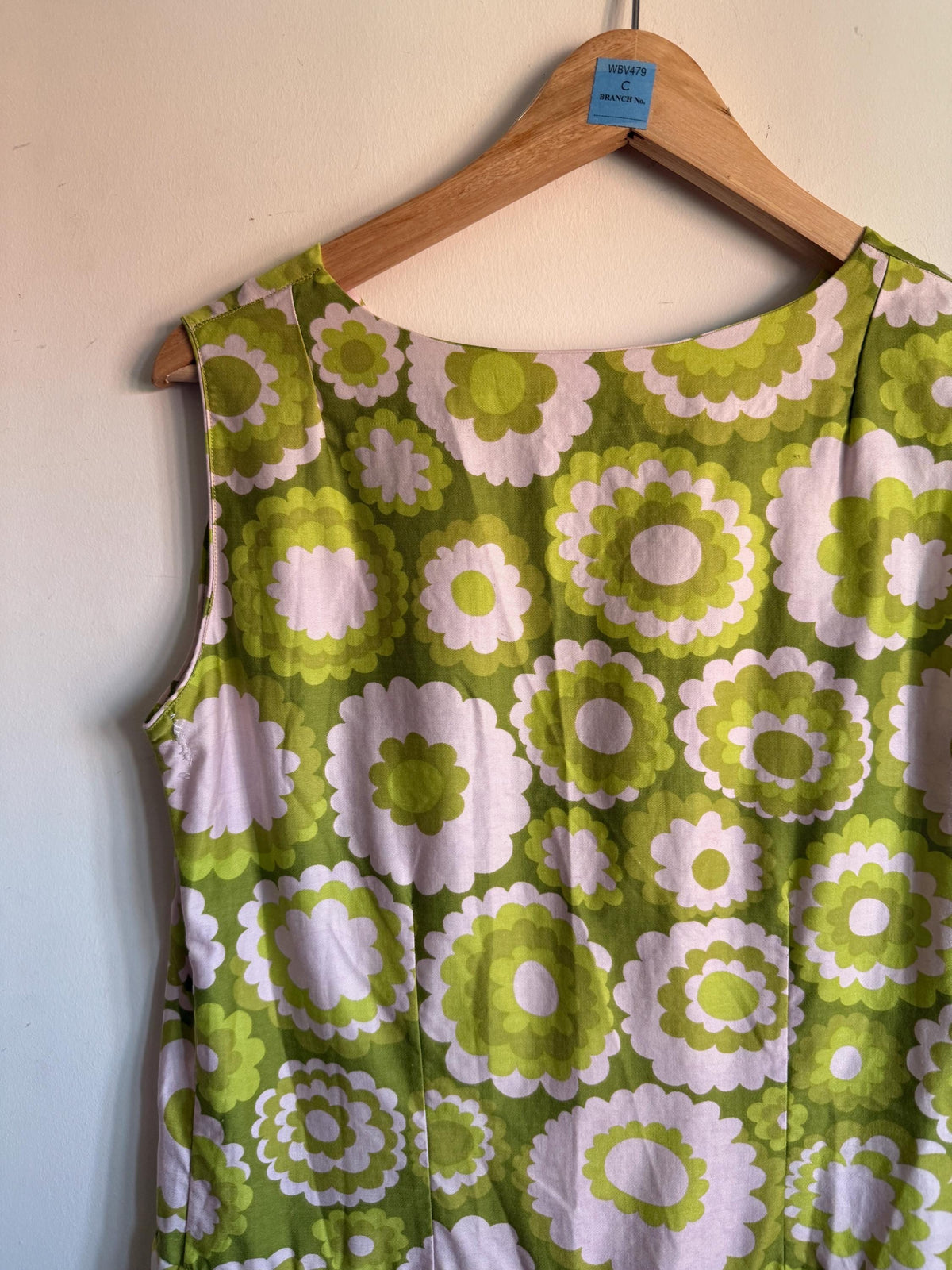 Vintage Finn Femina Green Floral Dress, Sleeveless V Neck Flower Power Dress, Made in Finland, Label Size 40