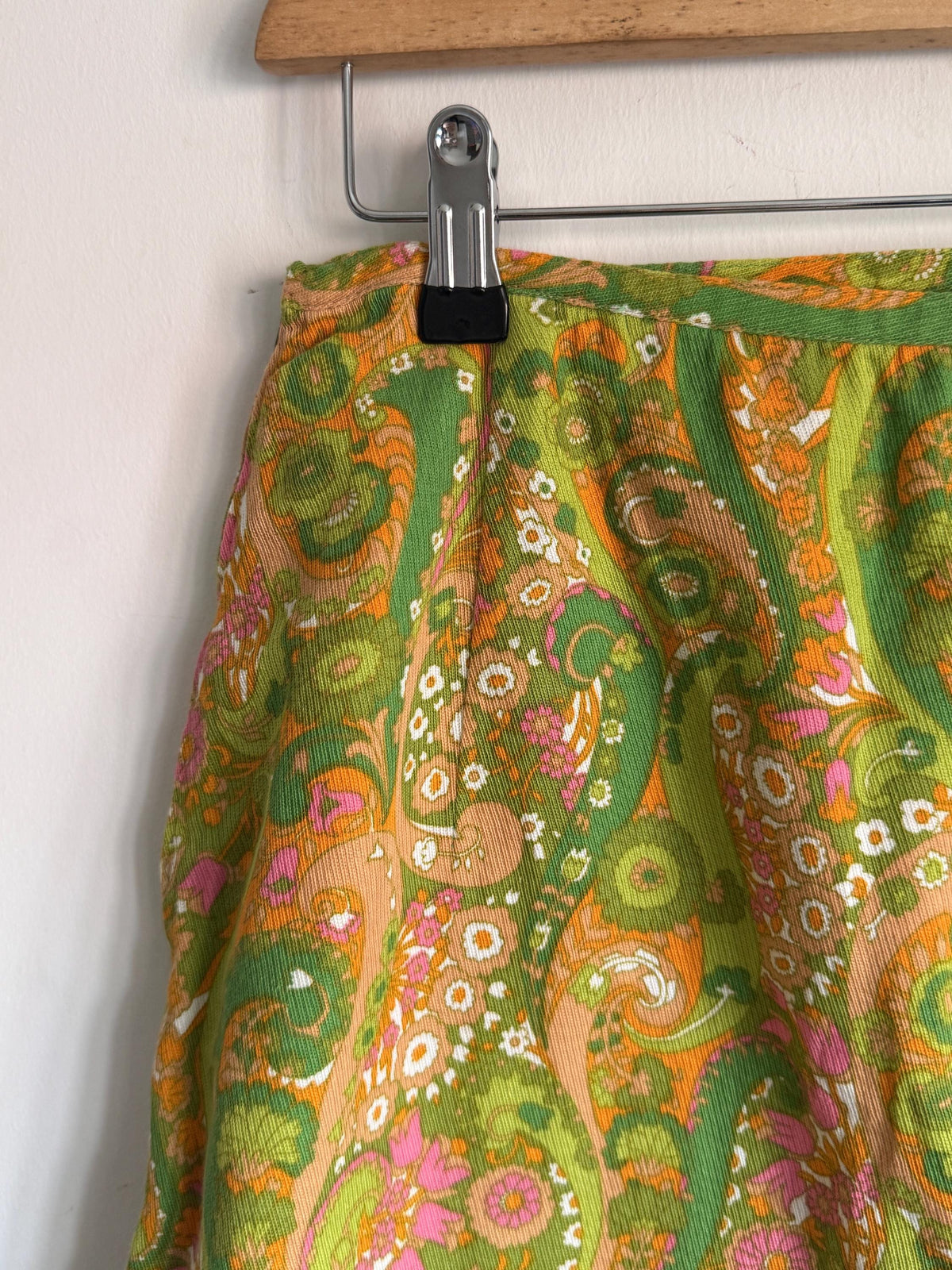 1960s Green Paisley Mini Skirt, Fine Corduroy A-Line Skirt, Pink Orange Psychedelic Print, Vintage Mod Go-Go Skirt