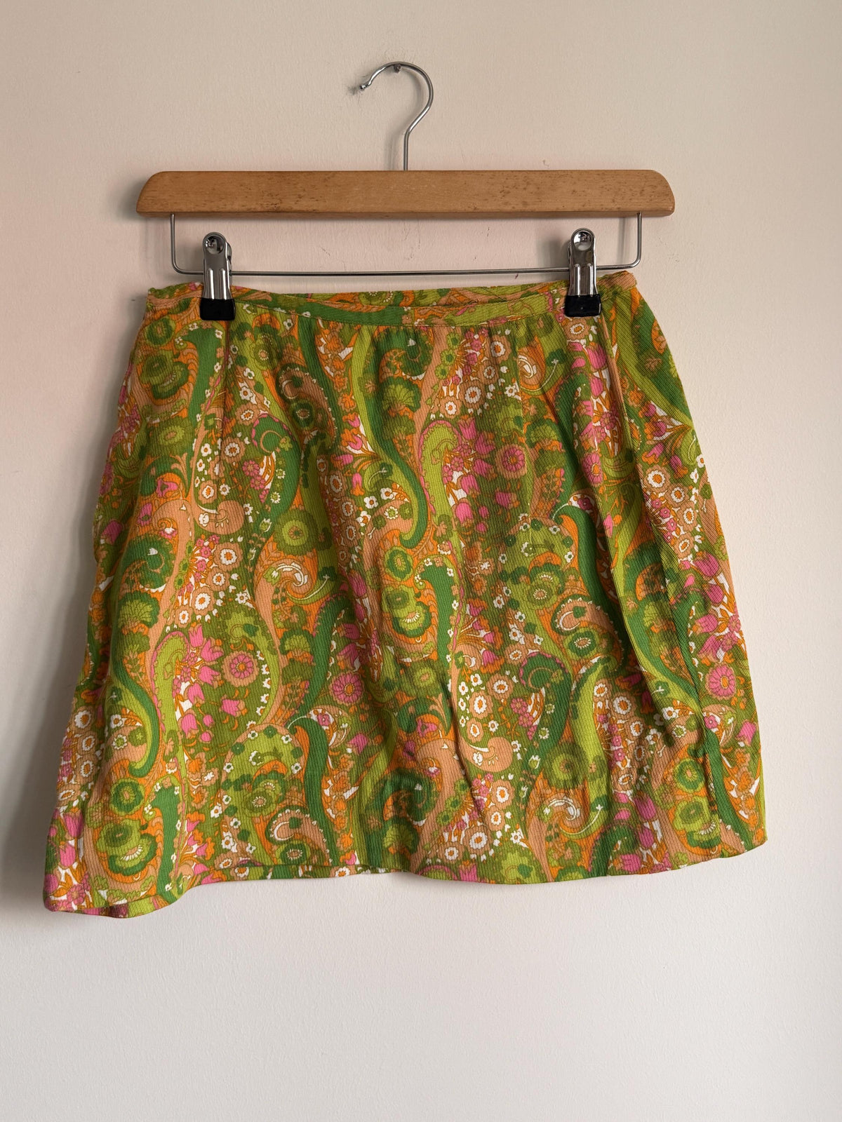1960s Green Paisley Mini Skirt, Fine Corduroy A-Line Skirt, Pink Orange Psychedelic Print, Vintage Mod Go-Go Skirt