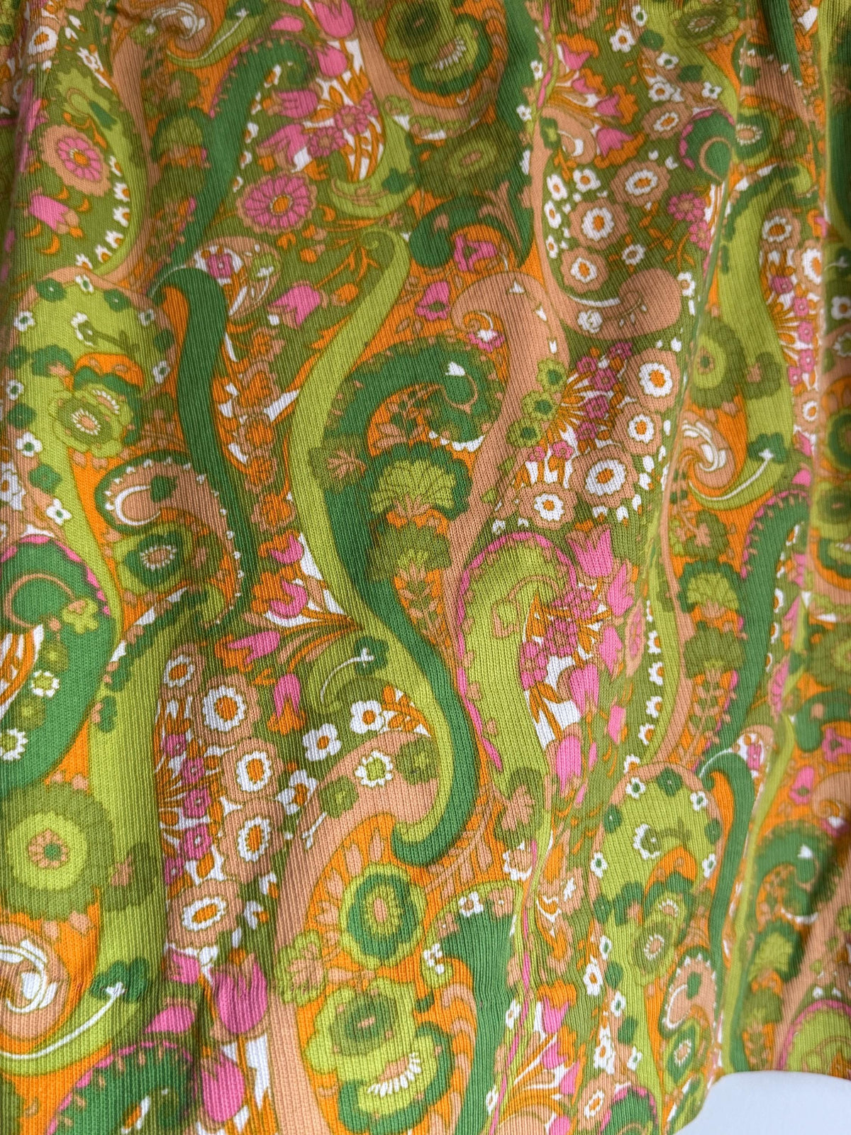 1960s Green Paisley Mini Skirt, Fine Corduroy A-Line Skirt, Pink Orange Psychedelic Print, Vintage Mod Go-Go Skirt
