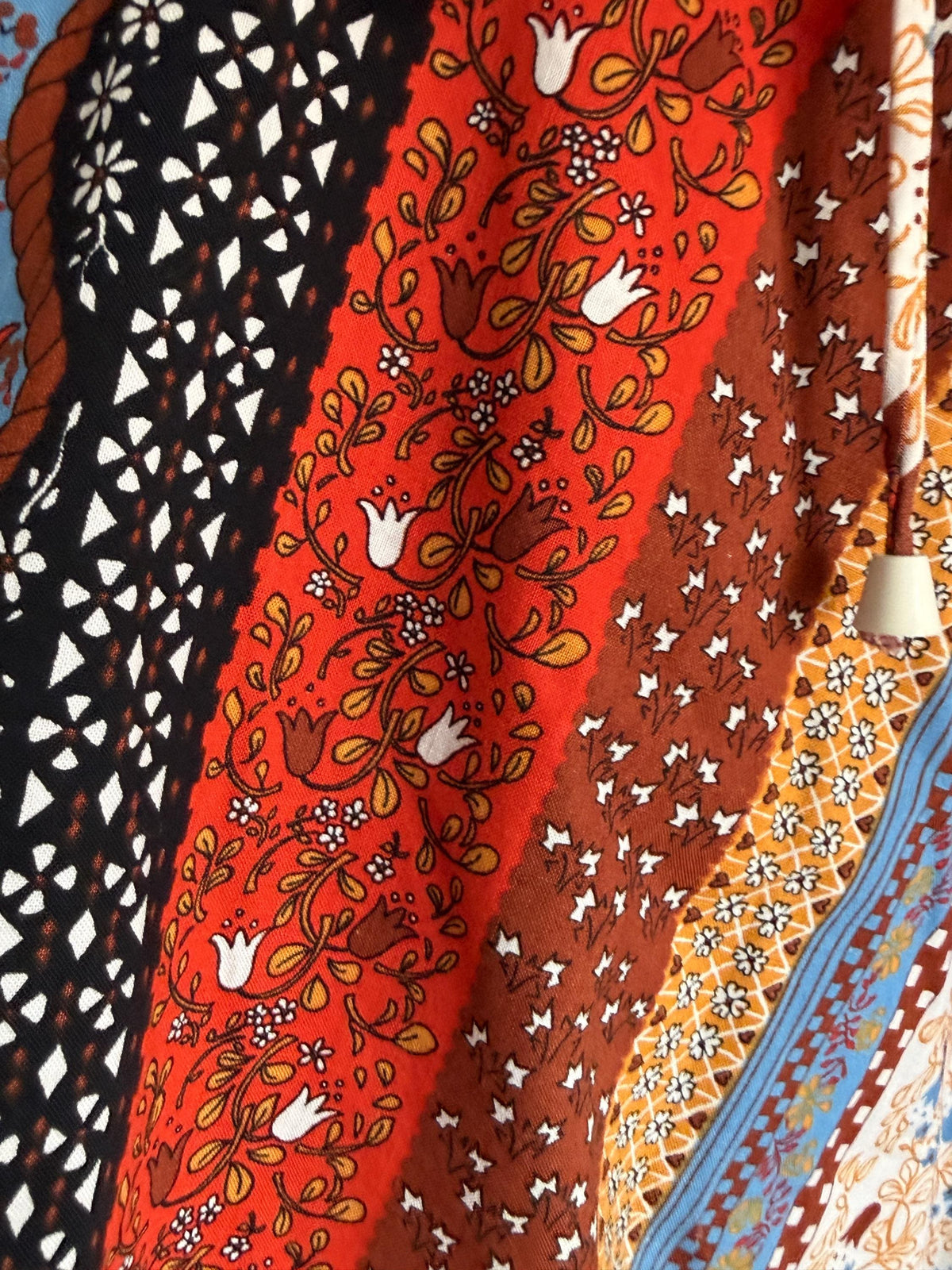 1970s Border Print Midi Skirt, Brown Red Blue Folk Floral Skirt, High Waist A-Line Skirt with Belt, Vintage Boho Festival Clothing