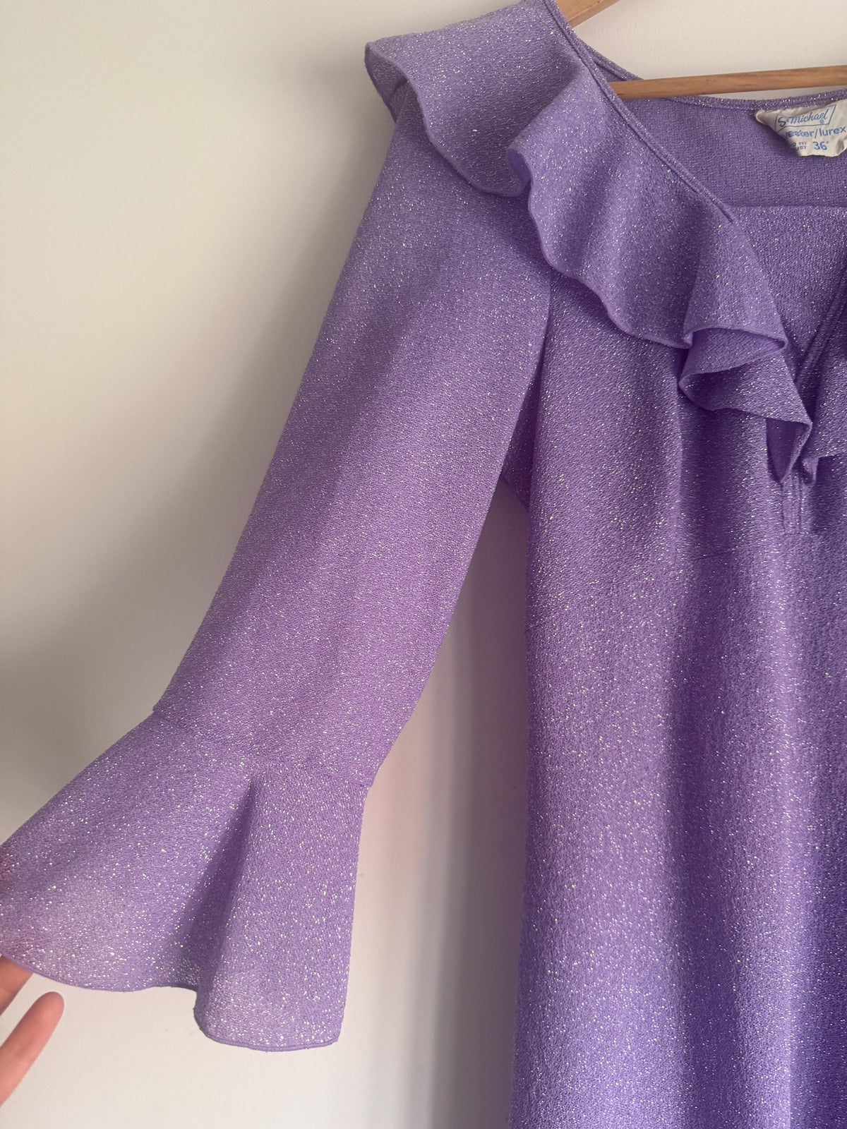 1970s St Michael Lilac Lurex Maxi Dress, Sparkle Ruffle Bell Sleeve Gown