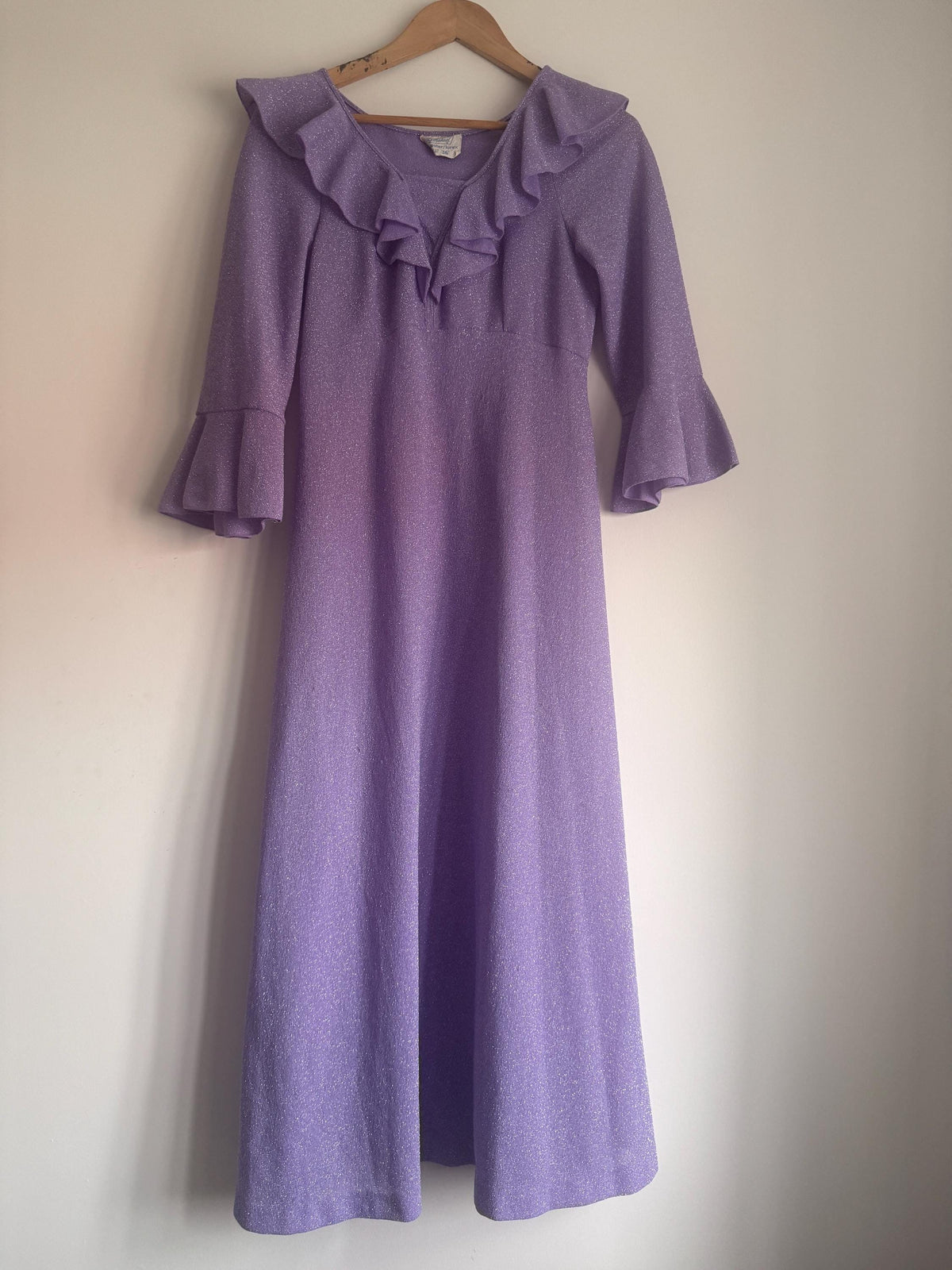 1970s St Michael Lilac Lurex Maxi Dress, Sparkle Ruffle Bell Sleeve Gown