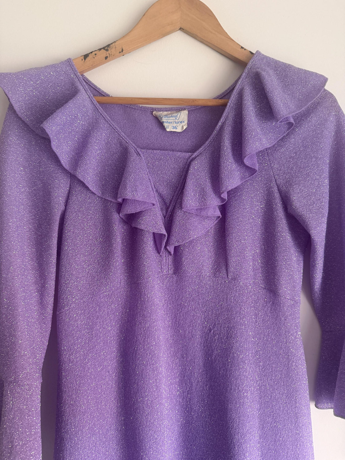 1970s St Michael Lilac Lurex Maxi Dress, Sparkle Ruffle Bell Sleeve Gown