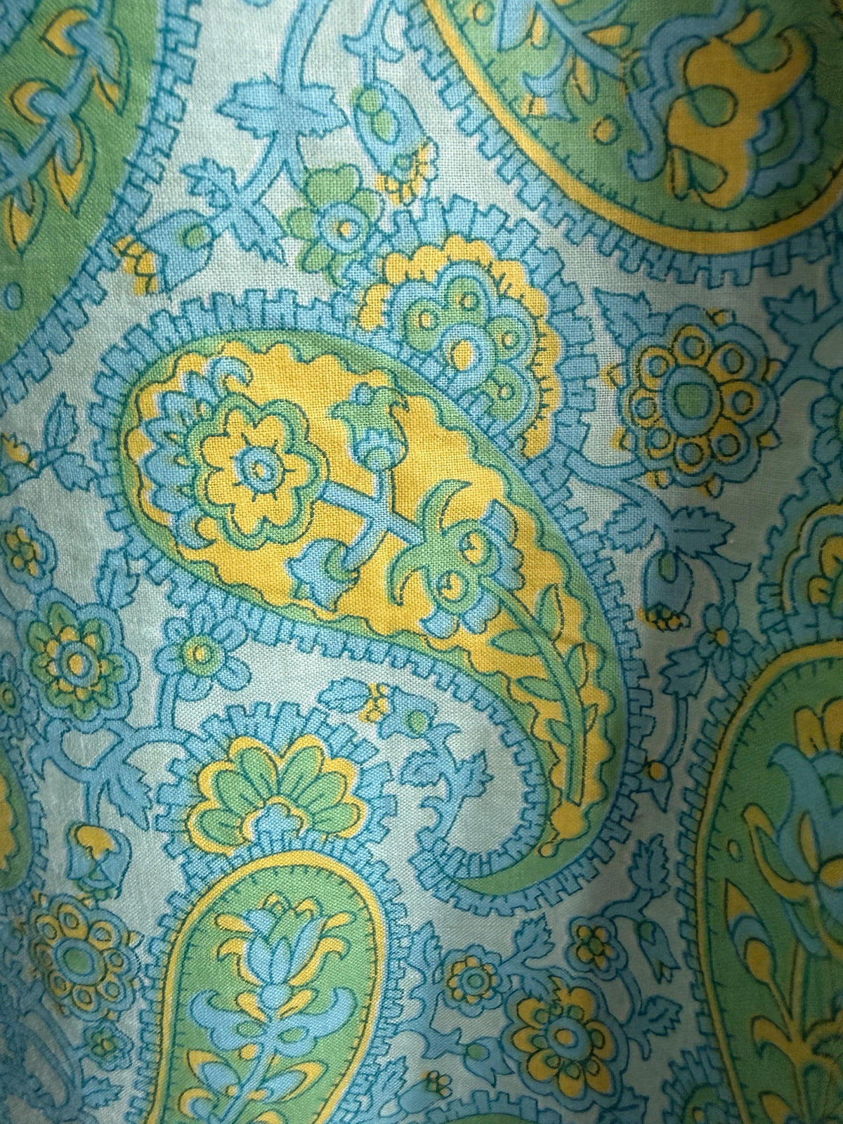 1960s Paisley Shift Dress, Aqua Green Yellow Cotton Dress, Ruffle Shoulder Mini Dress, Vintage Mod Summer Dress with Pockets