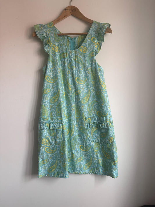 1960s Paisley Shift Dress, Aqua Green Yellow Cotton Dress, Ruffle Shoulder Mini Dress, Vintage Mod Summer Dress with Pockets