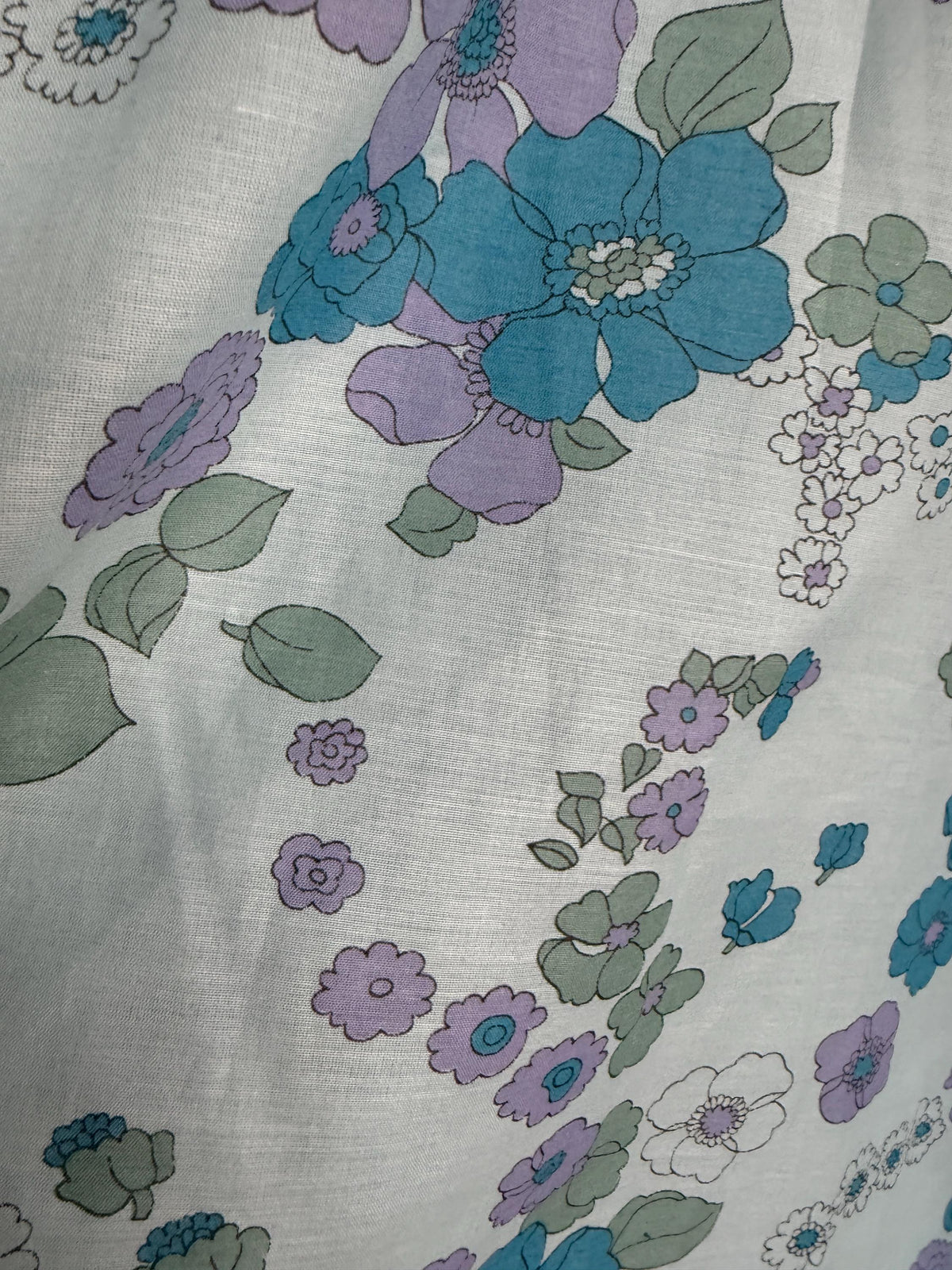 1970s Aqua Blue Floral Maxi Dress, Empire Line Puff Sleeve Dress, Lilac Turquoise Flower Print, Vintage Boho Wedding Guest Gown