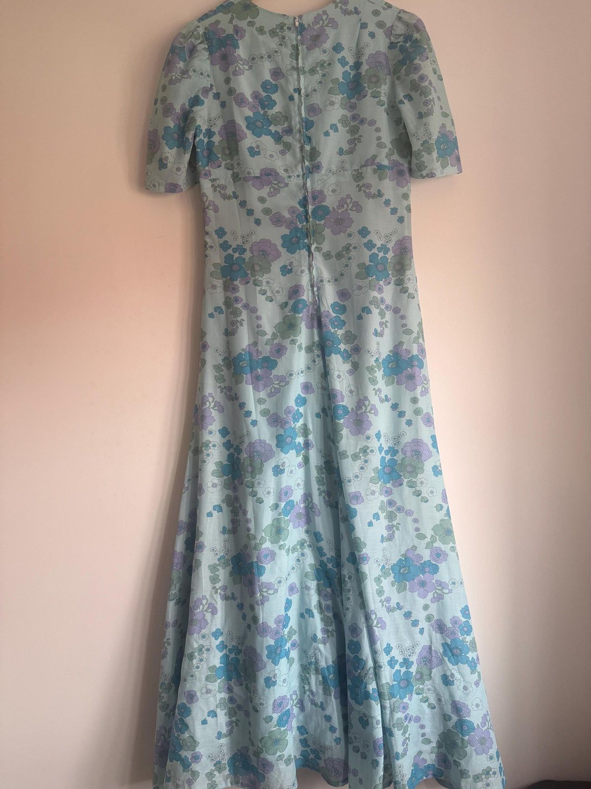 1970s Aqua Blue Floral Maxi Dress, Empire Line Puff Sleeve Dress, Lilac Turquoise Flower Print, Vintage Boho Wedding Guest Gown