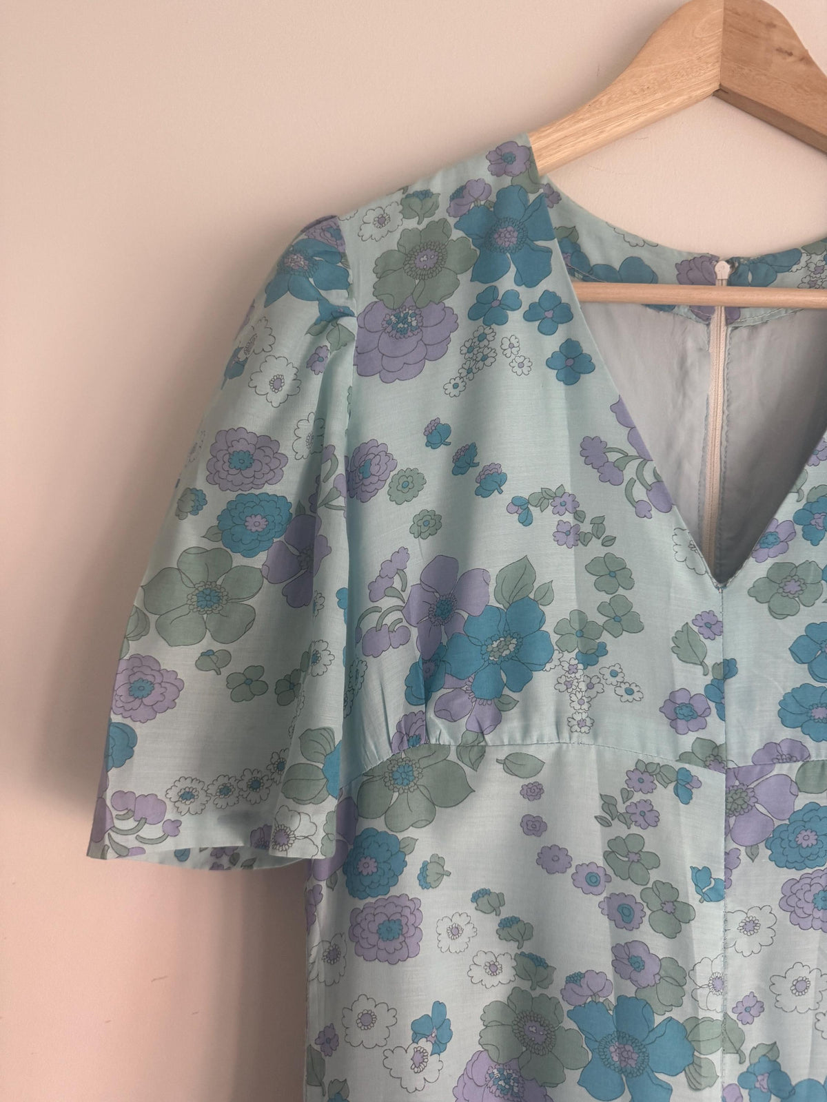 1970s Aqua Blue Floral Maxi Dress, Empire Line Puff Sleeve Dress, Lilac Turquoise Flower Print, Vintage Boho Wedding Guest Gown
