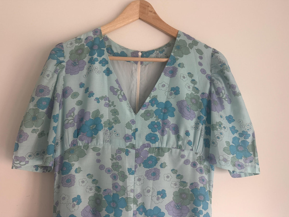 1970s Aqua Blue Floral Maxi Dress, Empire Line Puff Sleeve Dress, Lilac Turquoise Flower Print, Vintage Boho Wedding Guest Gown