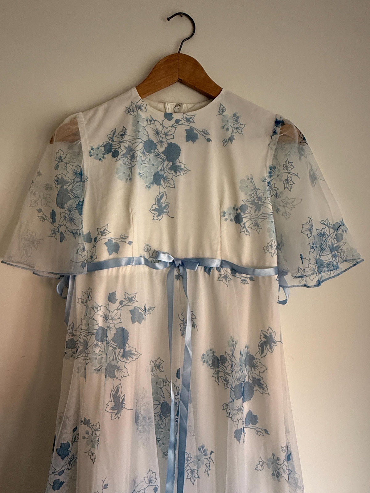 1970s White Blue Floral Maxi Dress, Sheer Cape Sleeve Empire Line Dress, Vintage Wedding Bridesmaid Dress, Cottagecore Gown