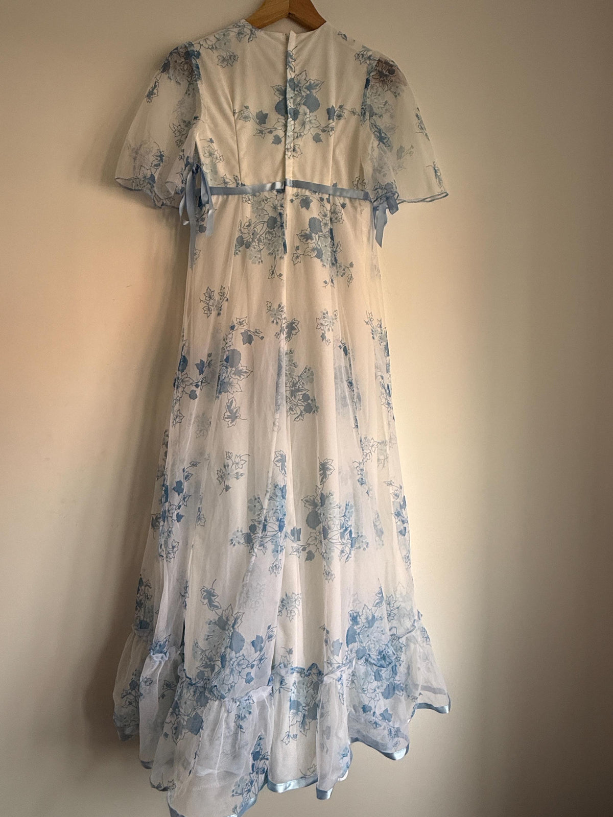 1970s White Blue Floral Maxi Dress, Sheer Cape Sleeve Empire Line Dress, Vintage Wedding Bridesmaid Dress, Cottagecore Gown