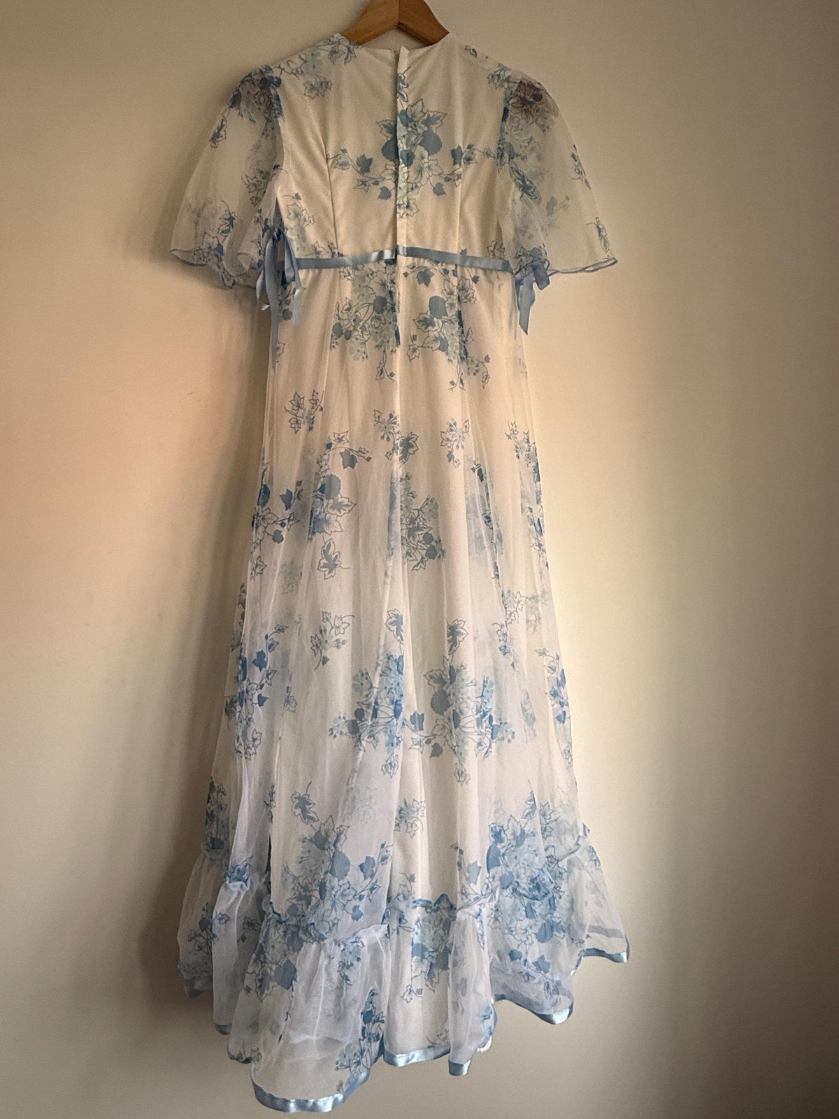 1970s White Blue Floral Maxi Dress, Sheer Cape Sleeve Empire Line Dress, Vintage Wedding Bridesmaid Dress, Cottagecore Gown