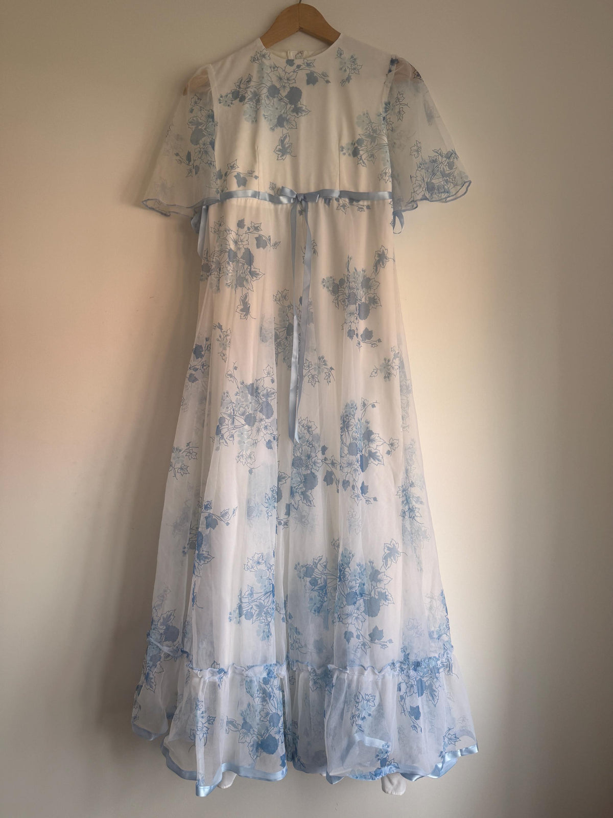 1970s White Blue Floral Maxi Dress, Sheer Cape Sleeve Empire Line Dress, Vintage Wedding Bridesmaid Dress, Cottagecore Gown