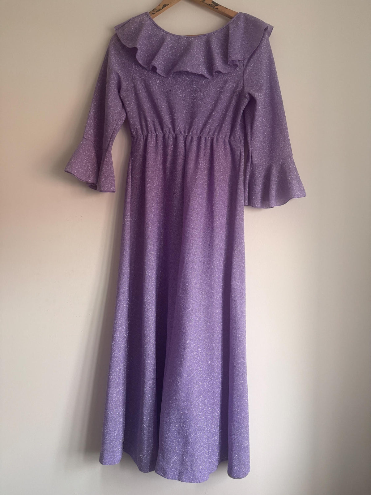1970s St Michael Lilac Lurex Maxi Dress, Sparkle Ruffle Bell Sleeve Gown