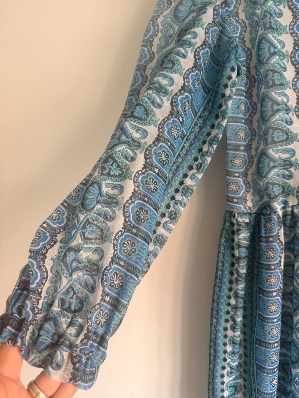 Vintage 1970s Blue Paisley Maxi Dress – Dacron Prairie Dress, Lace Trim High Neck, Cottagecore Folk Dress