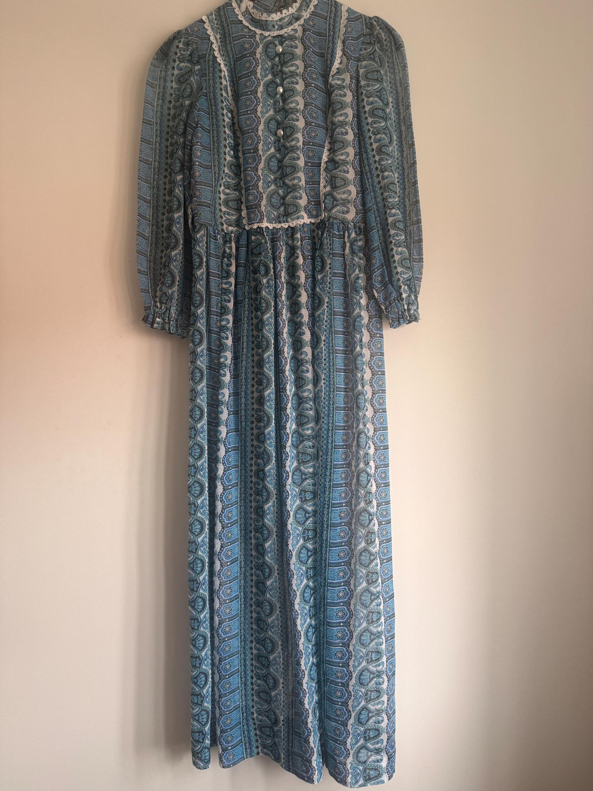 Vintage 1970s Blue Paisley Maxi Dress – Dacron Prairie Dress, Lace Trim High Neck, Cottagecore Folk Dress