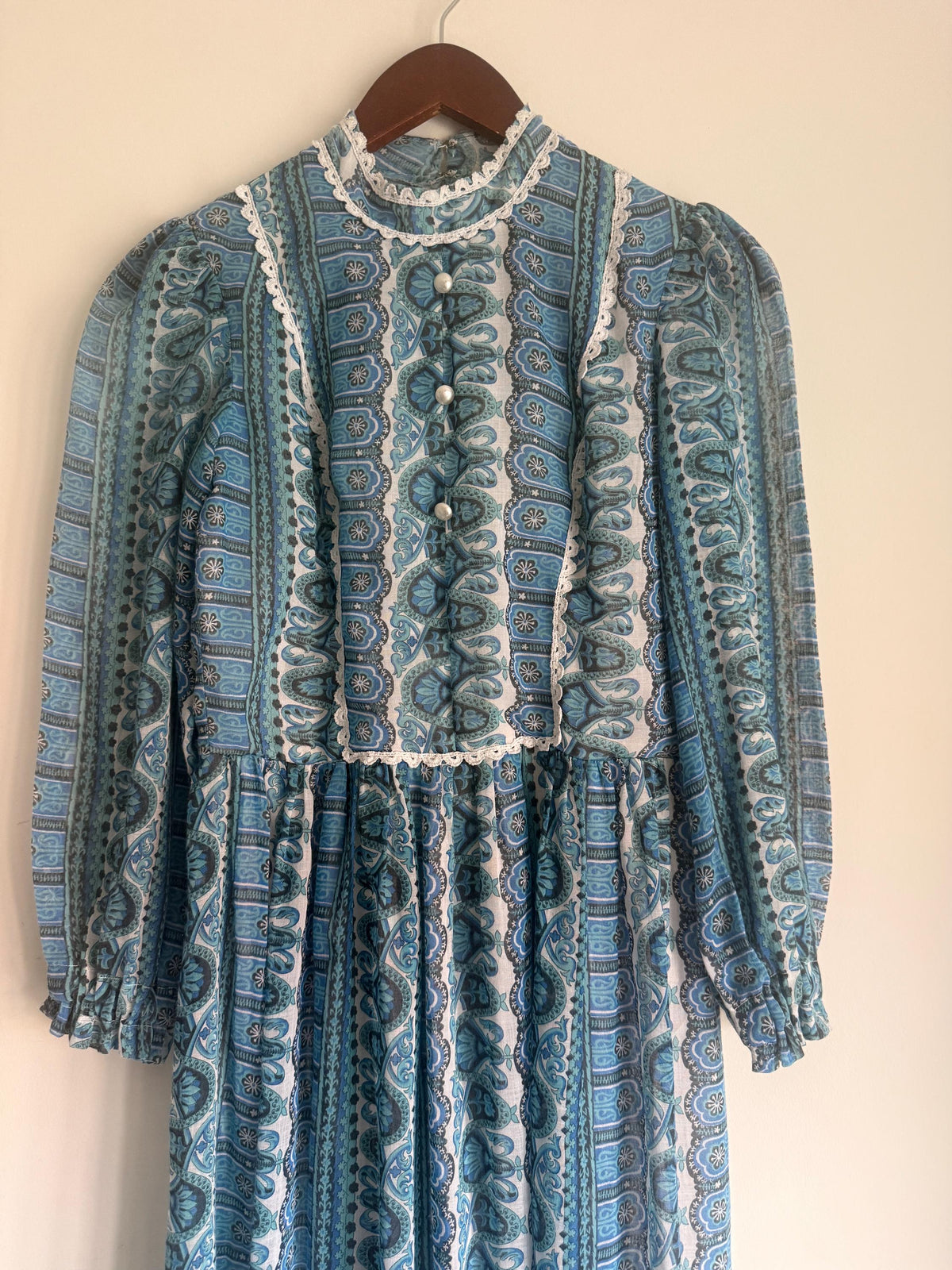 Vintage 1970s Blue Paisley Maxi Dress – Dacron Prairie Dress, Lace Trim High Neck, Cottagecore Folk Dress