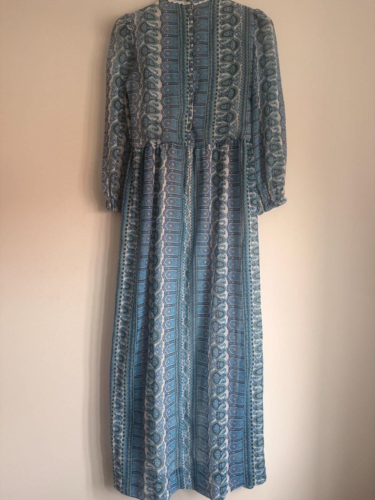 Vintage 1970s Blue Paisley Maxi Dress – Dacron Prairie Dress, Lace Trim High Neck, Cottagecore Folk Dress