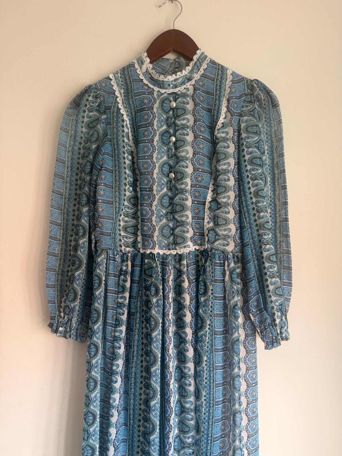 Vintage 1970s Blue Paisley Maxi Dress – Dacron Prairie Dress, Lace Trim High Neck, Cottagecore Folk Dress